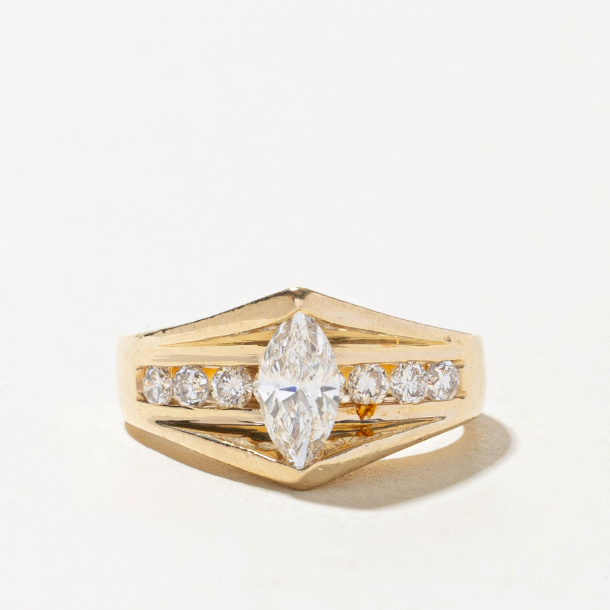 14k Marquise Cut Diamond Accented Grooved Ring | 0.53ct SI1/SI2 I/J, 0.32ctw | SZ 5.5