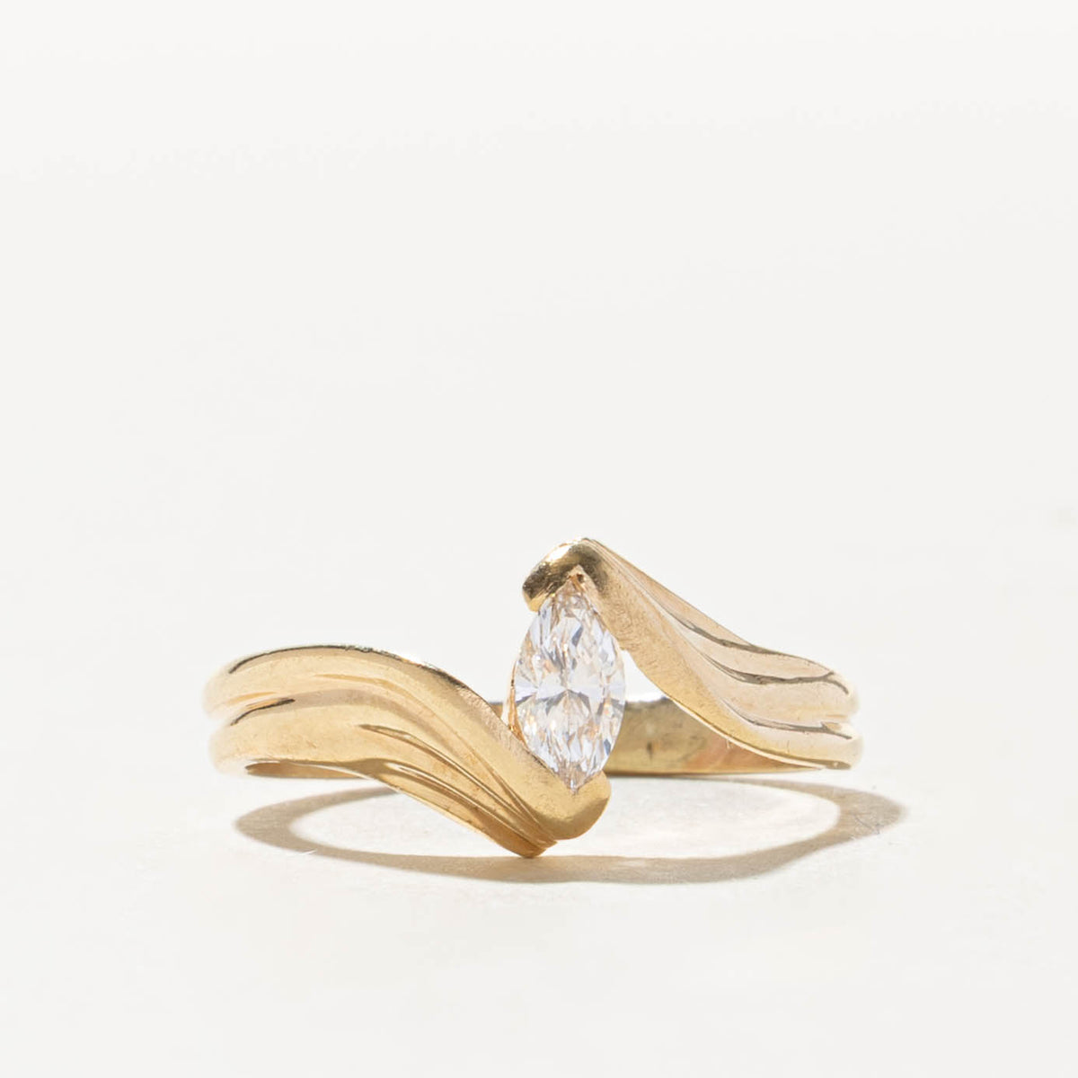 14k Marquise Cut Diamond Grooved Bypass Ring | 0.35ct VS1 F VG | SZ 7
