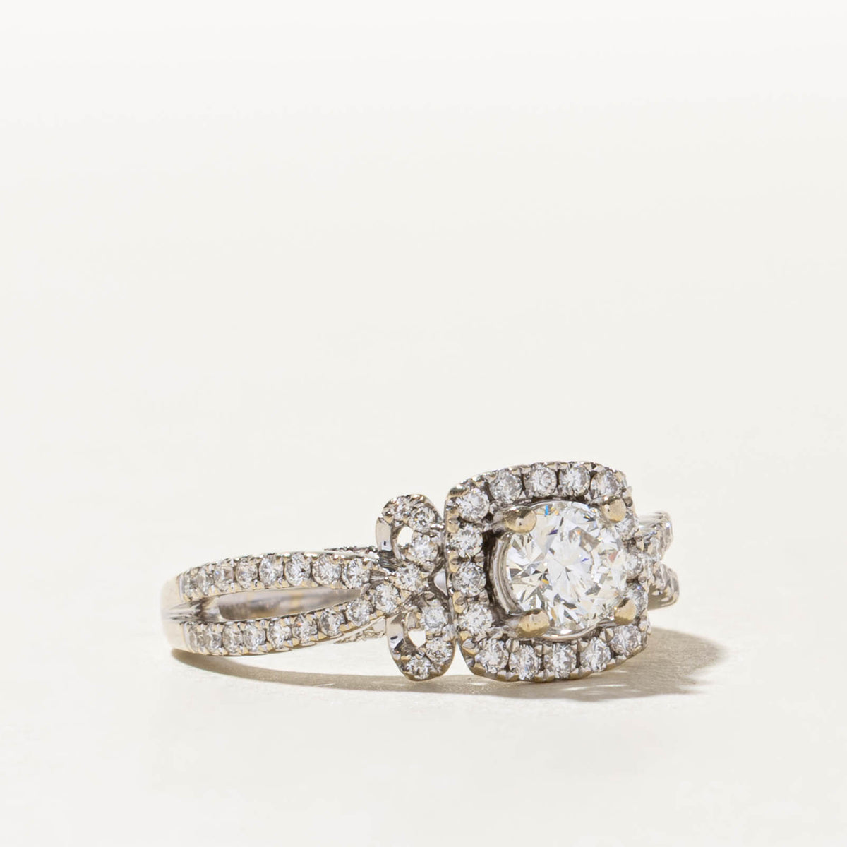 14k Pave Set Diamond Halo Cross Over Ring | 0.69ct SI2 G, 0.60ctw | SZ 7.5