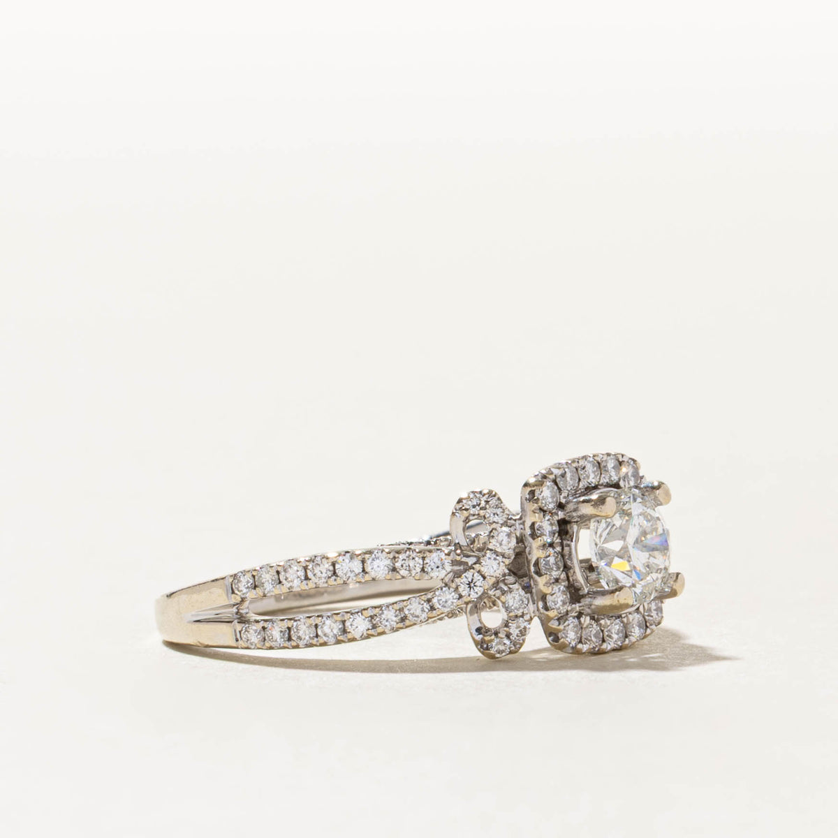 14k Pave Set Diamond Halo Cross Over Ring | 0.69ct SI2 G, 0.60ctw | SZ 7.5