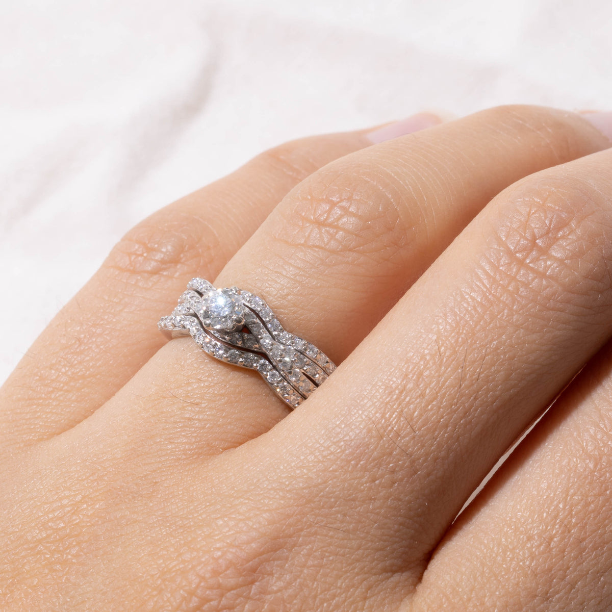 14k Pave Set Diamond Wave Wedding Ring Set | 0.30ct SI2 G, 0.70ctw | SZ 5.25