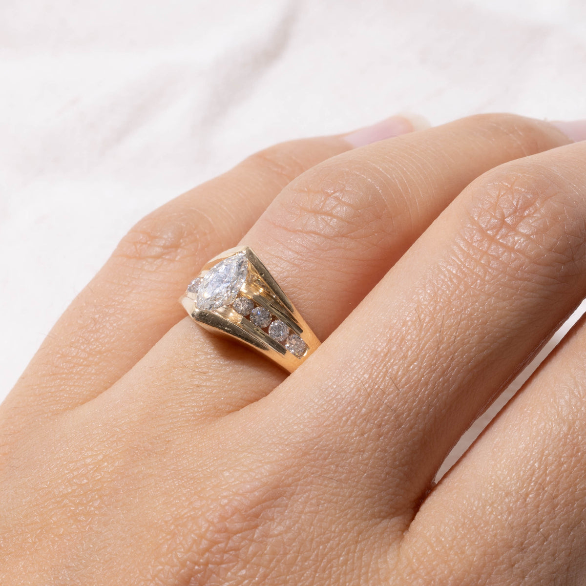 14k Marquise Cut Diamond Accented Grooved Ring | 0.53ct SI1/SI2 I/J, 0.32ctw | SZ 5.5