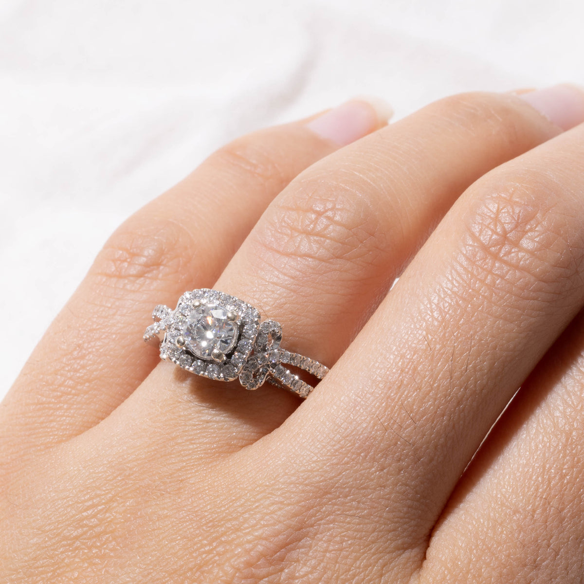 14k Pave Set Diamond Halo Cross Over Ring | 0.69ct SI2 G, 0.60ctw | SZ 7.5