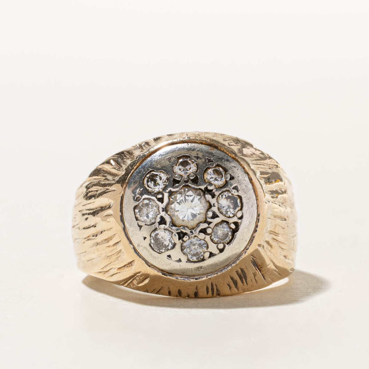 18k Two Tone Diamond Cluster Textured Dome Ring | 0.96ctw | SZ 11.25