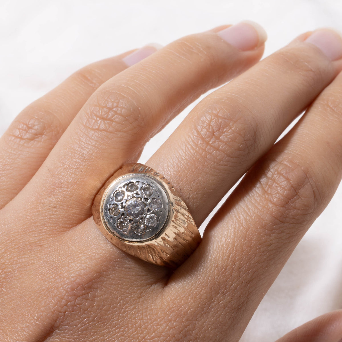 18k Two Tone Diamond Cluster Textured Dome Ring | 0.96ctw | SZ 11.25
