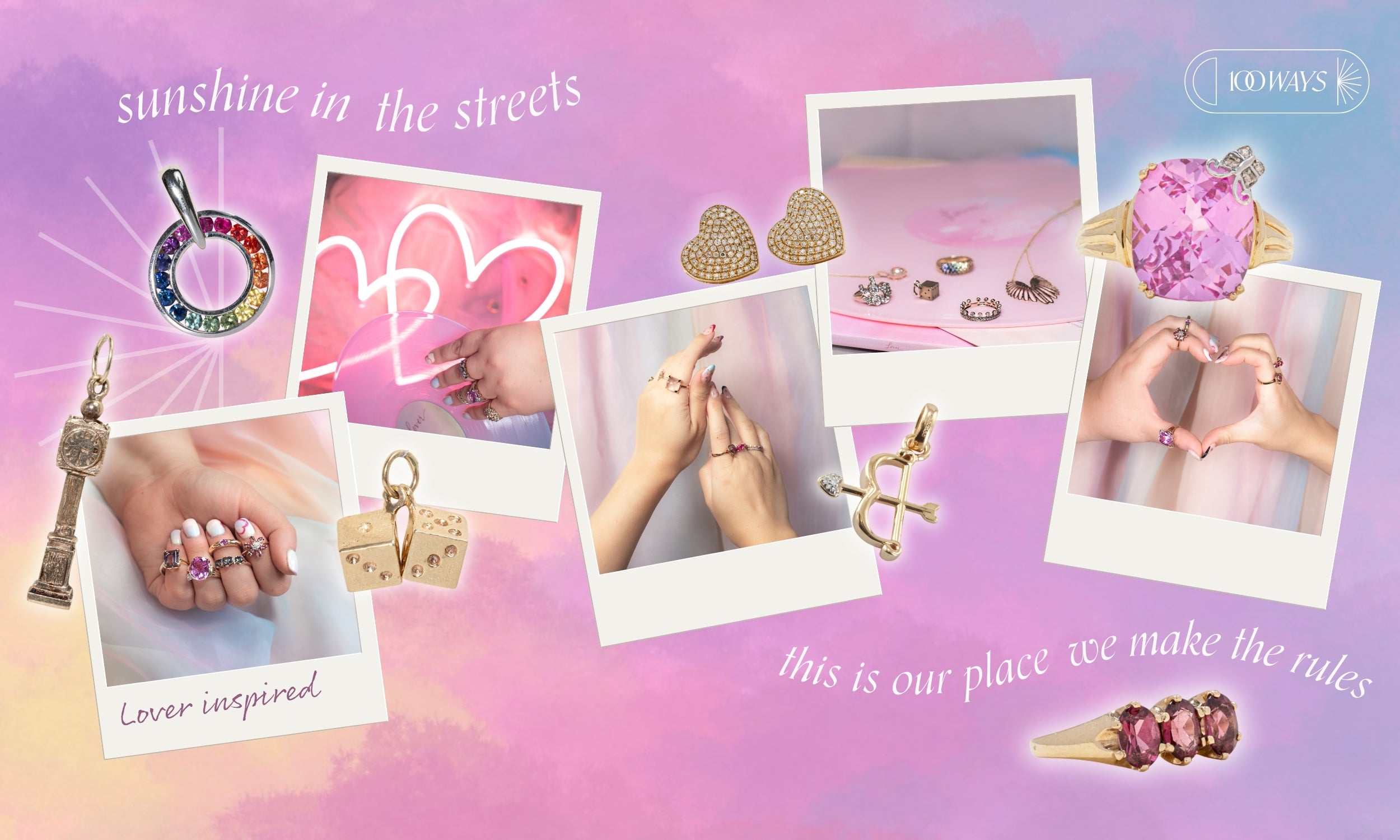 collection of polaroid images of a jewellery styled photo shoot inspired by the lover era, overlays of vintage fine jewellery pieces that are curated to the era and selection of lyrics in text