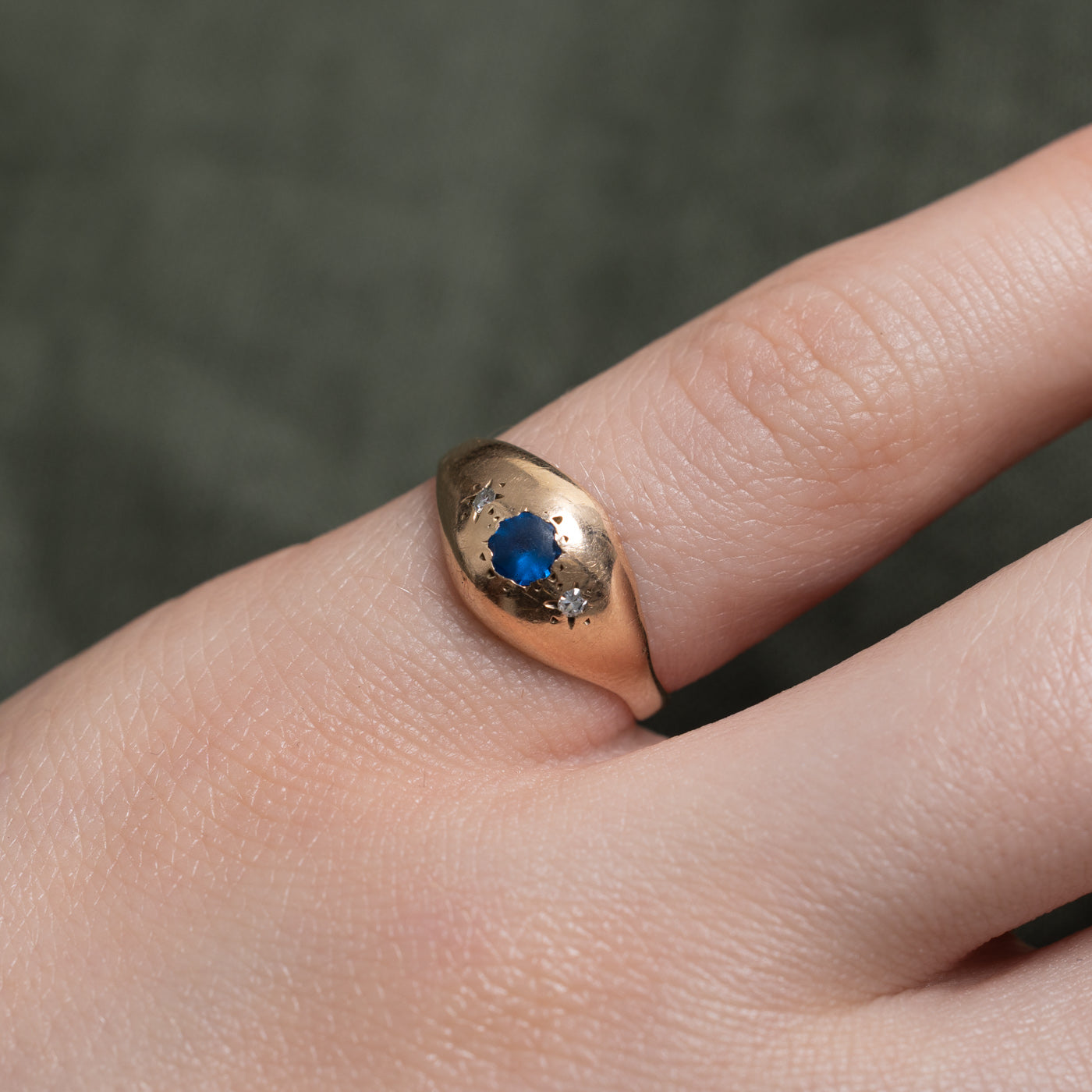 Blue Glass & Diamond Star Set Dome Ring | 0.15ct, 0.02ctw | SZ 4