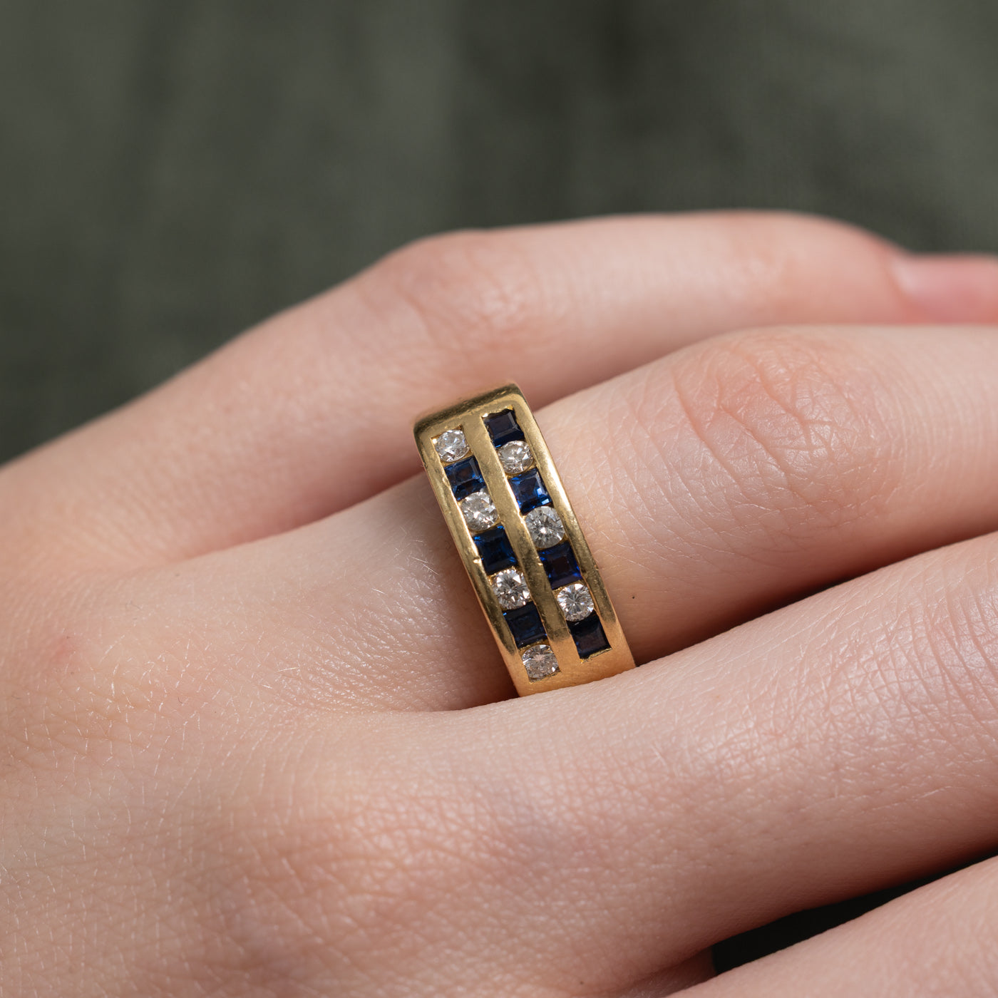 'Birks' Channel Set Sapphire & Diamond Double Row Band | 0.50ctw, 0.35ctw | SZ 6.5