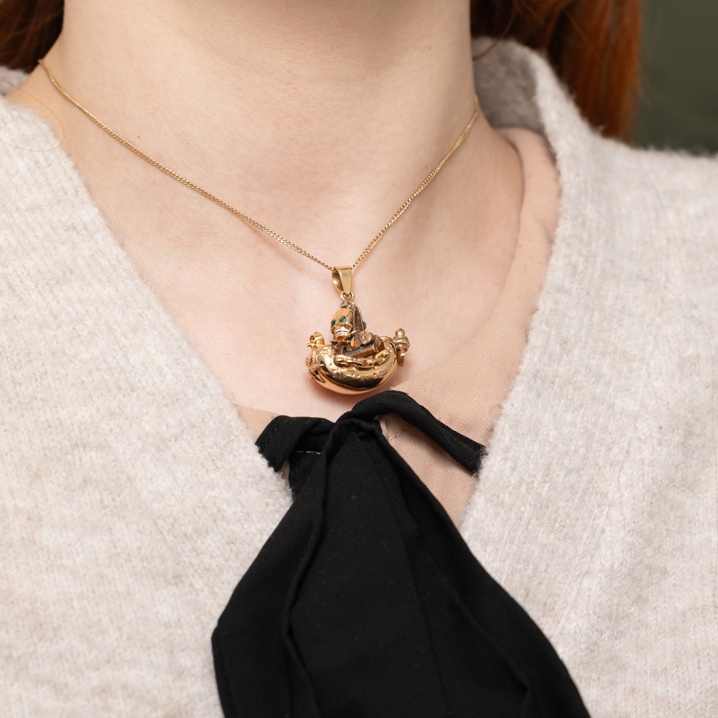 Synthetic Ruby & Enamel Pirate Ship Pendant | 0.02ctw