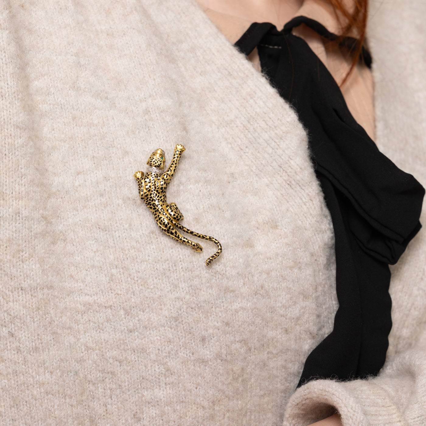 Emerald & Diamond Cheetah Brooch | 0.02ctw, 0.035ctw