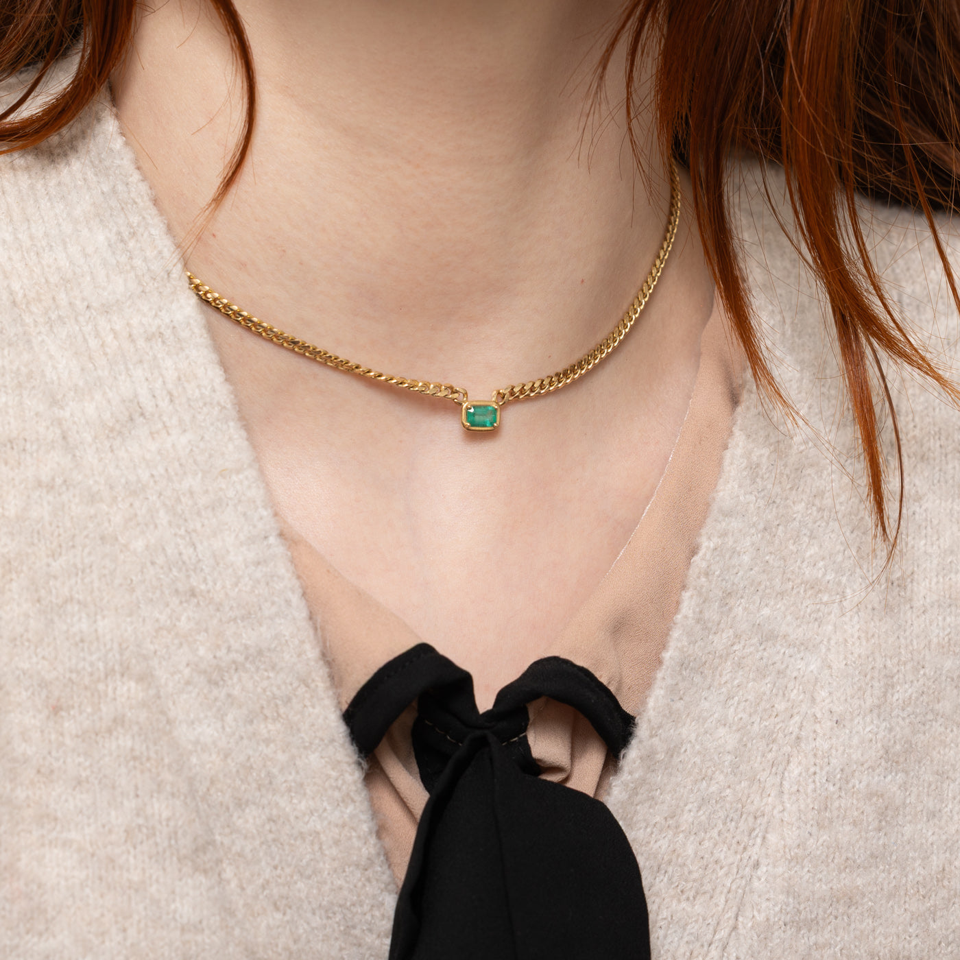 Solitaire Emerald Pendant Curb Chain Choker Necklace | 0.46ct | 14"