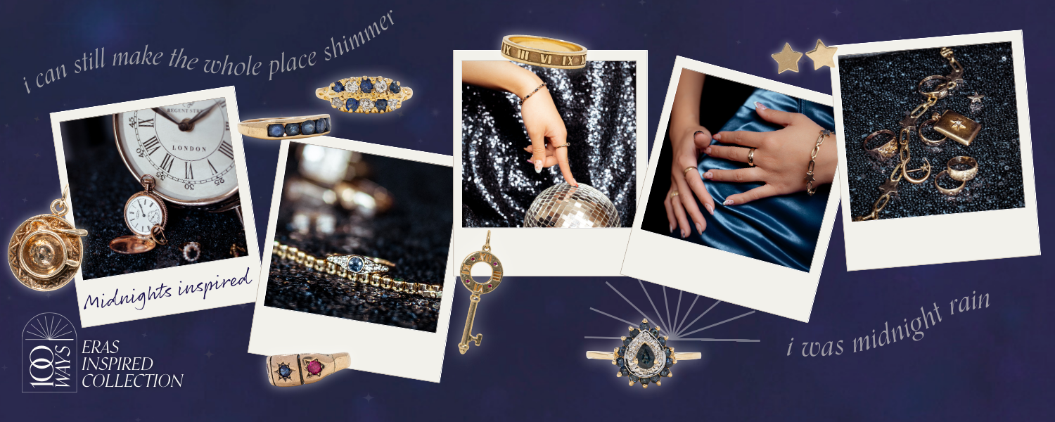 Navy background with sparkly sequins, disco ball styled with blue sapphire gemstone jewelry, pocket watch, antique gold jewelry with time motifs. Text reads: 100 Ways Eras Collection. Midnights Inspired. I can still make the whole place shimmer, I was midnight rain.