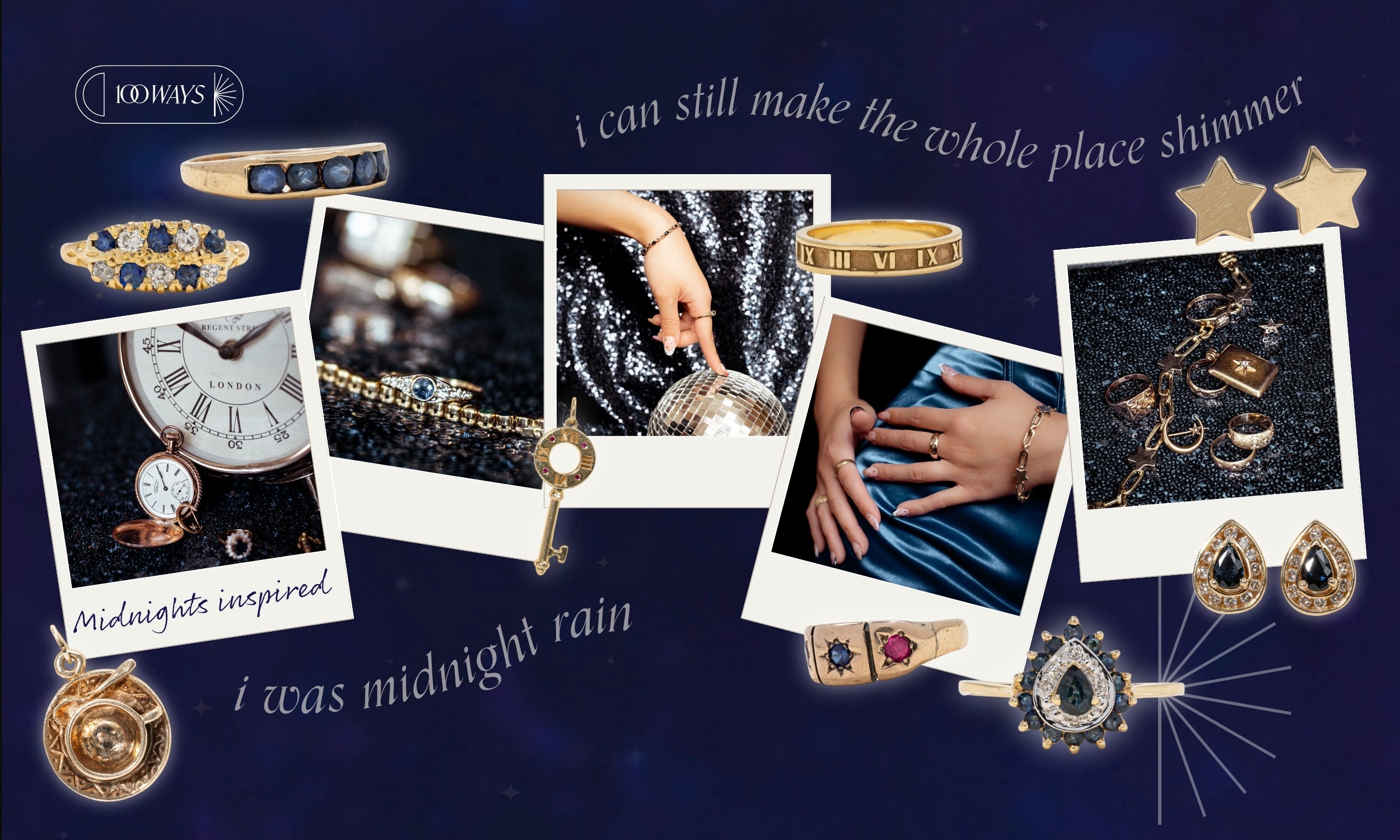 collection of polaroid images of a jewellery styled photo shoot inspired by the midnights era, overlays of vintage fine jewellery pieces that are curated to the era and selection of lyrics in text