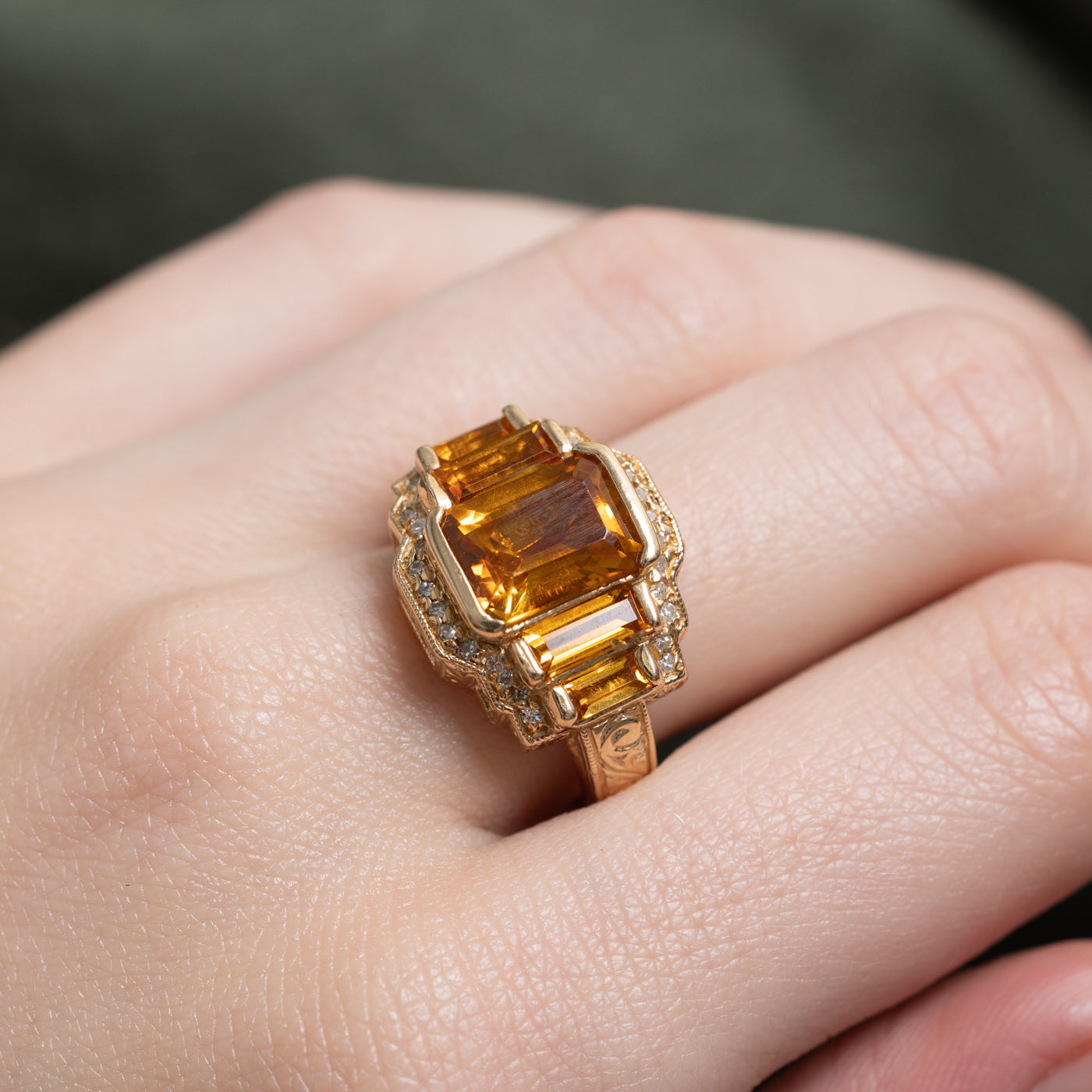 Emerald Cut Citrine & Diamond Engraved Cocktail Ring | 2.9ctw, 1.15ctw | SZ 7.0 |