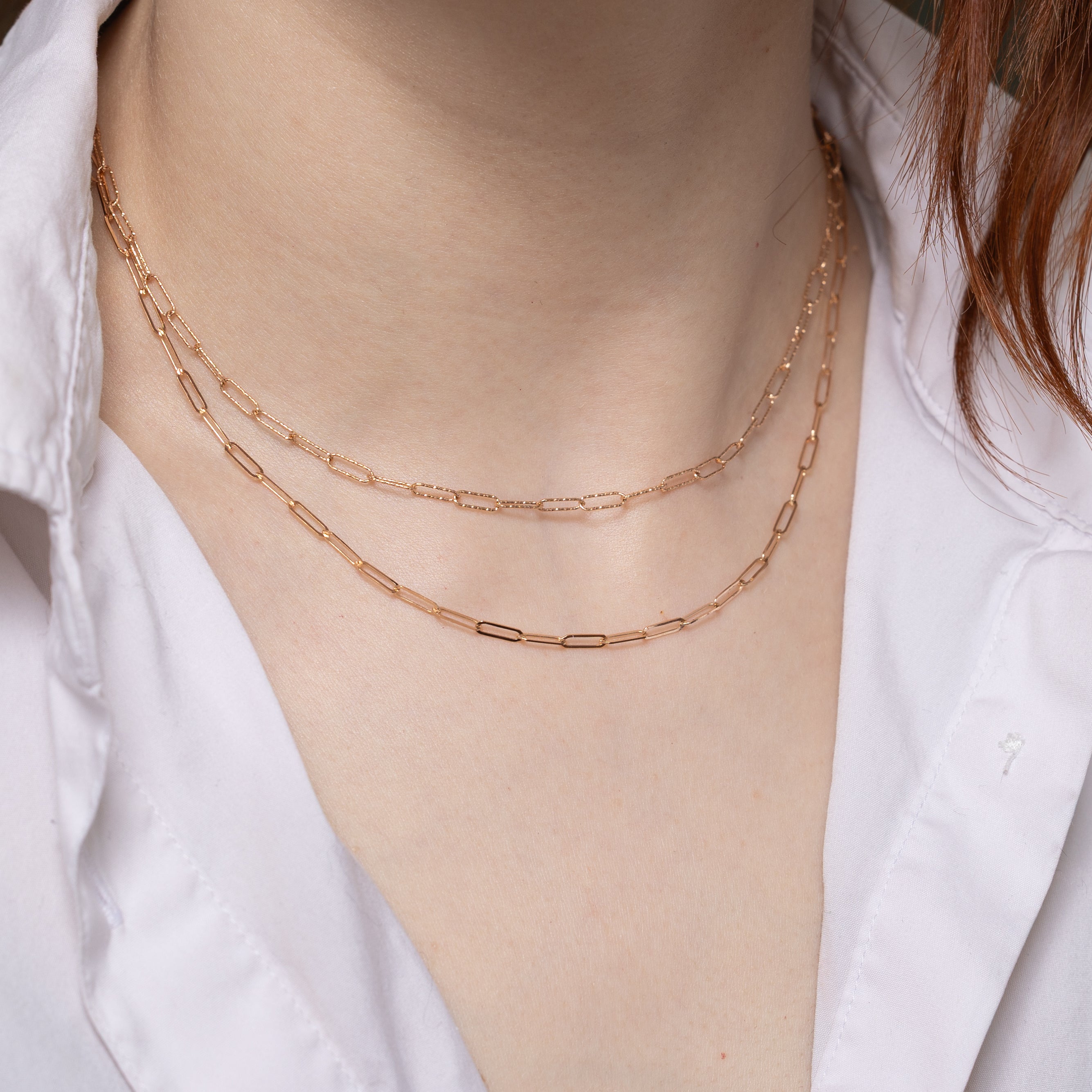 18k Rose Gold Layered & Textured Paperclip Chain | 15.5"
