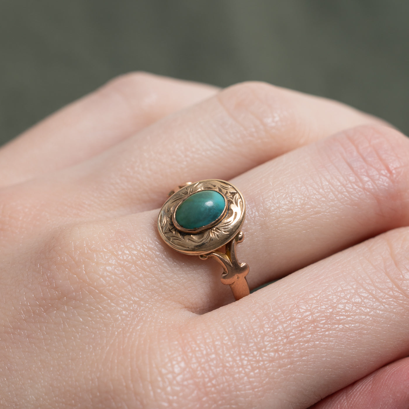1920 Birmingham Bezel Set Turquoise Engraved Ring | 1.0ct | SZ 8.0 |