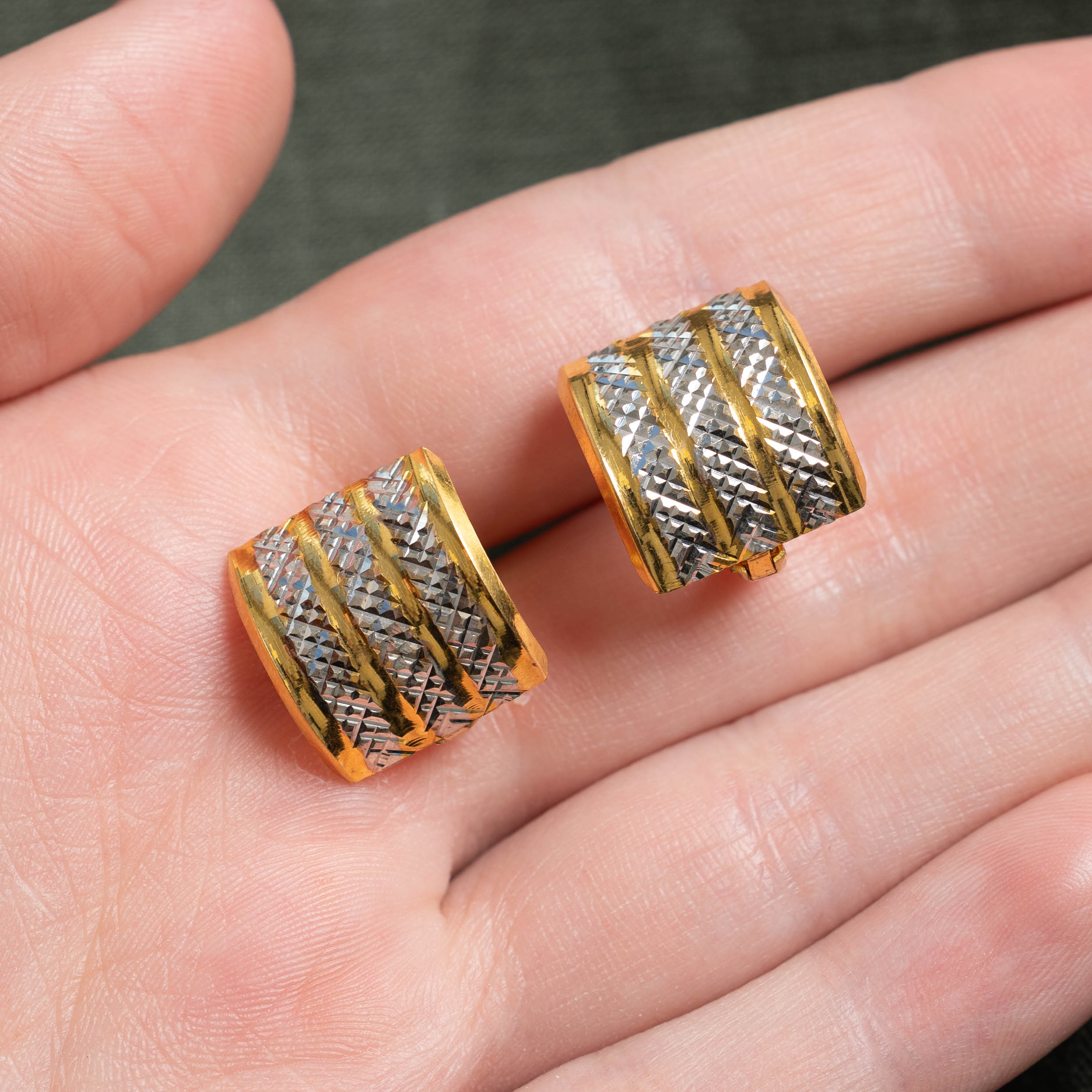 18k Two Tone Diamond Cut Huggie Earrings