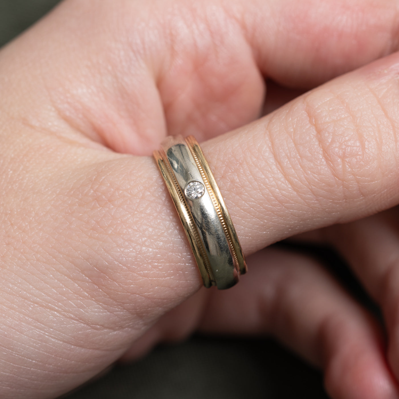 Two Tone Gold Flush Set Diamond Milgrain Band | 0.05ct | 6.90mm | SZ 10.5 |