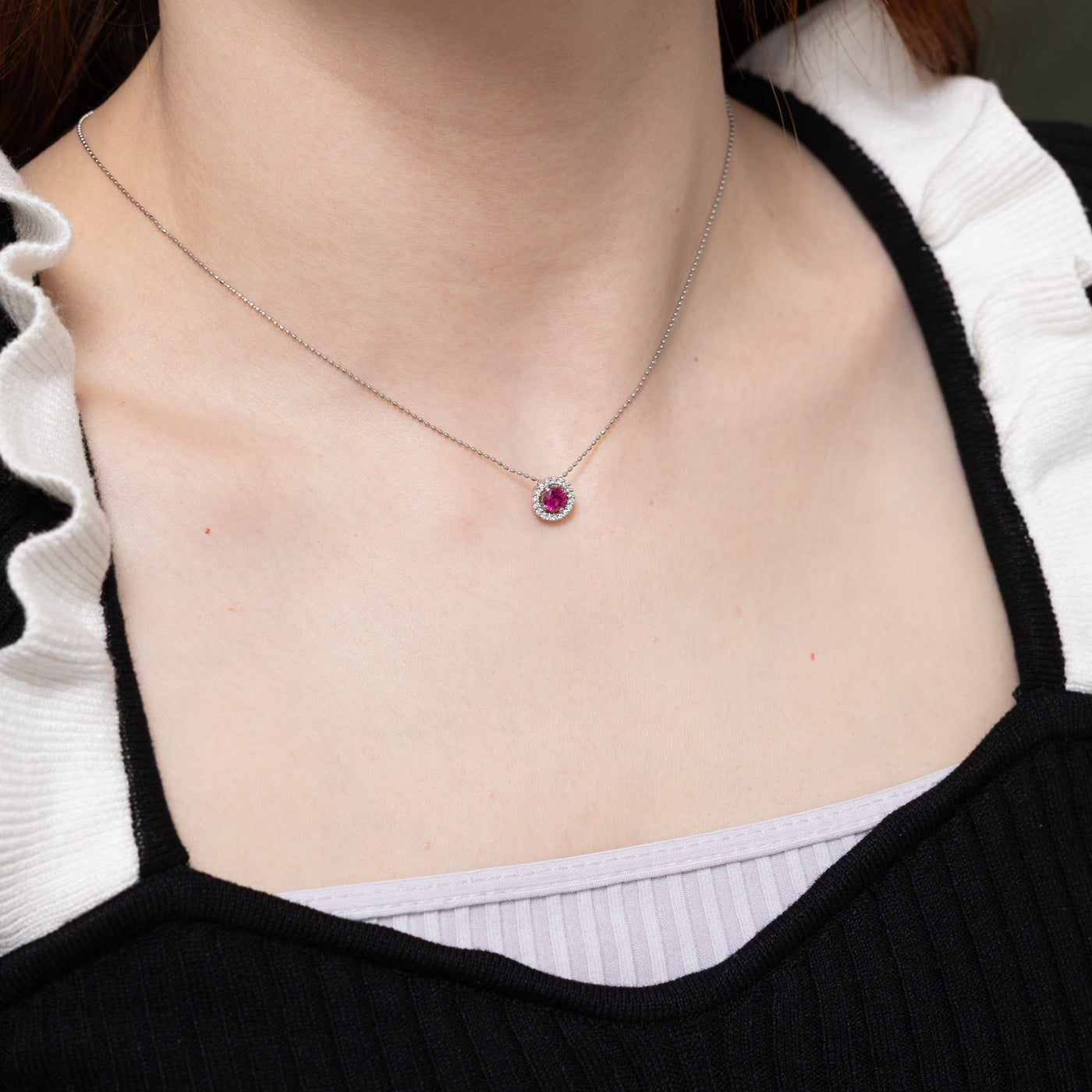 Ruby & Diamond Halo Pendant Necklace | 0.35ct, 0.09ctw | 16" |