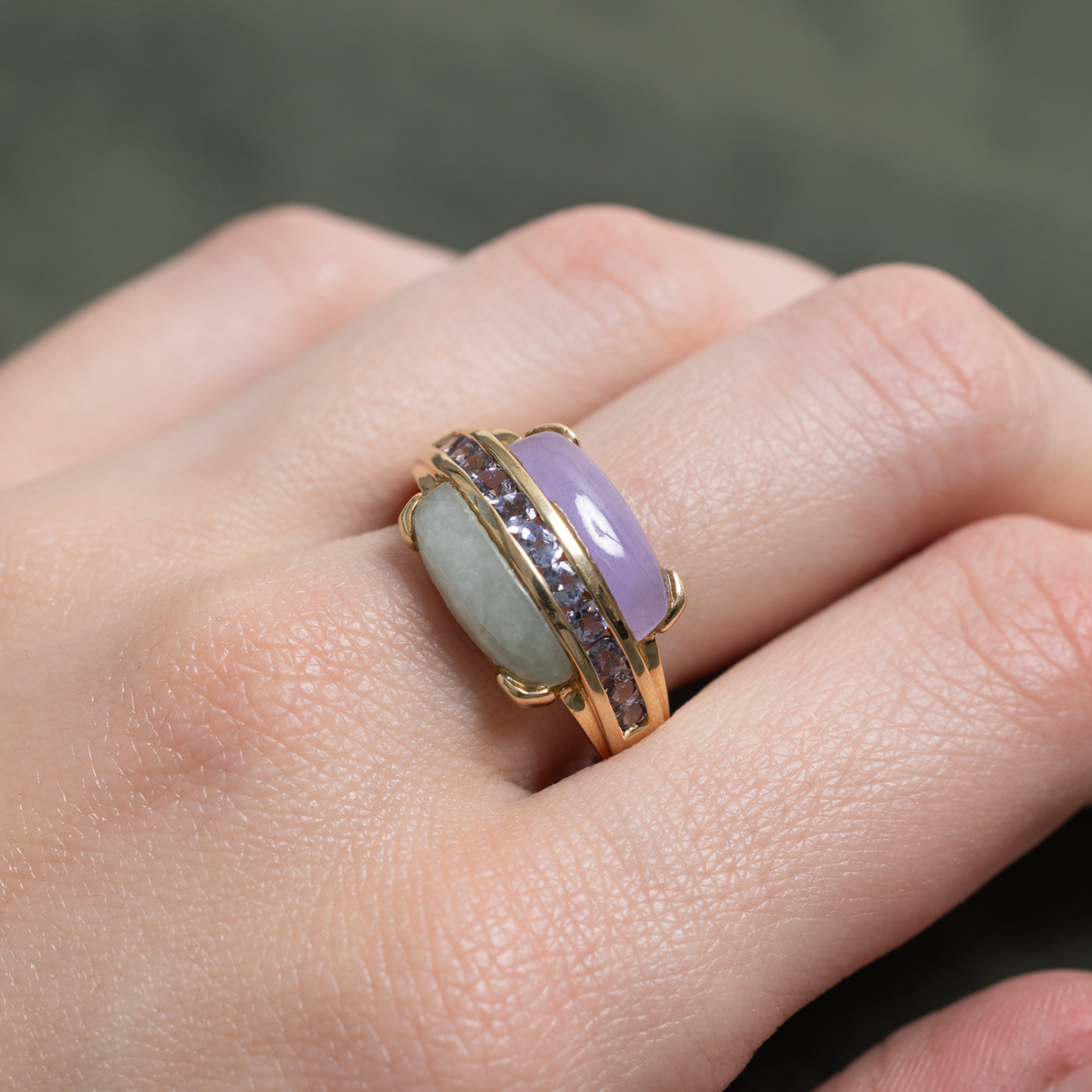 Two Tone Jadeite & Tanzanite Cocktail Ring | 2.8ctw | SZ 8.25 |