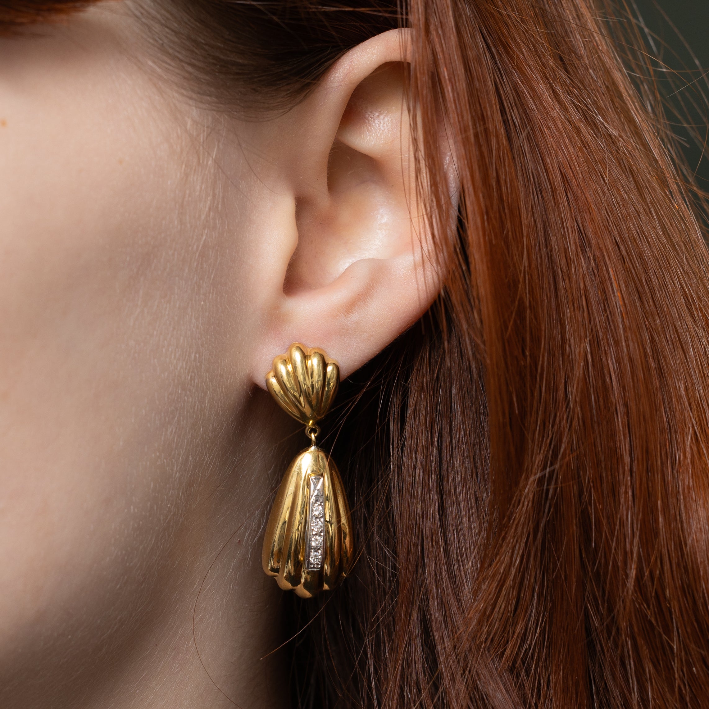 Diamond Grooved Sea Shell Drop Earrings | 0.17ctw