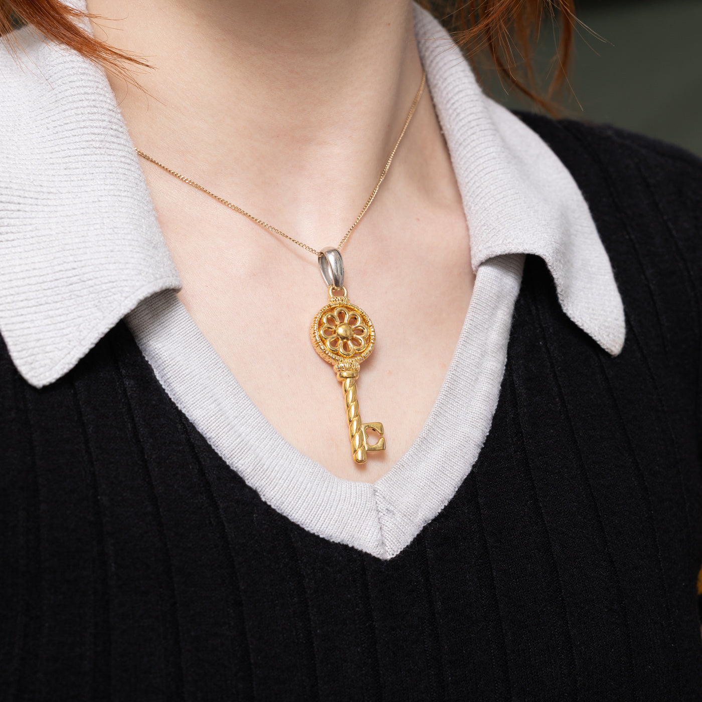 14k Yellow & White Gold Floral Key Pendant