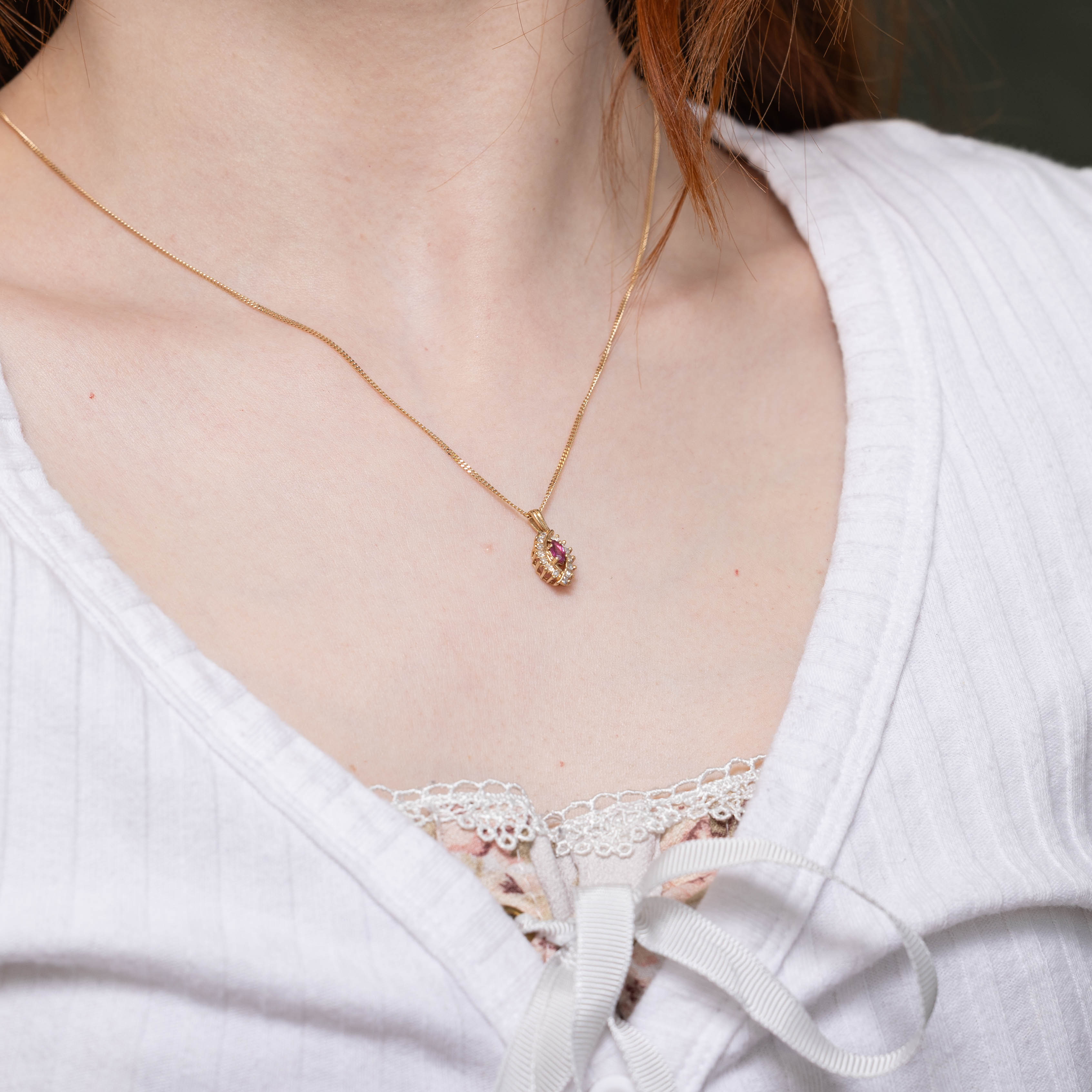10k Marquise Cut Ruby & Diamond Petal Halo Pendant