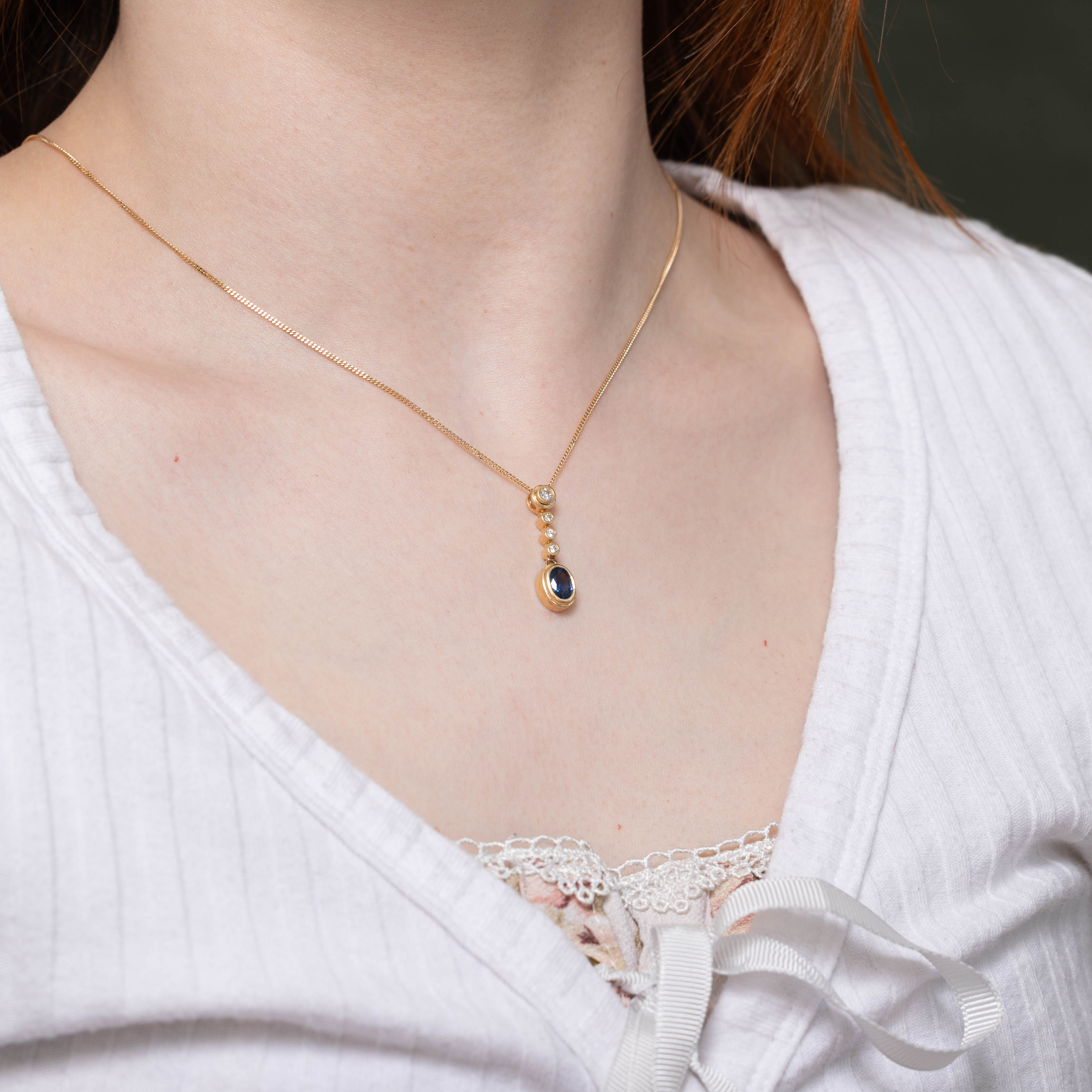 14k Bezel Set Sapphire & Diamond Drop Pendant