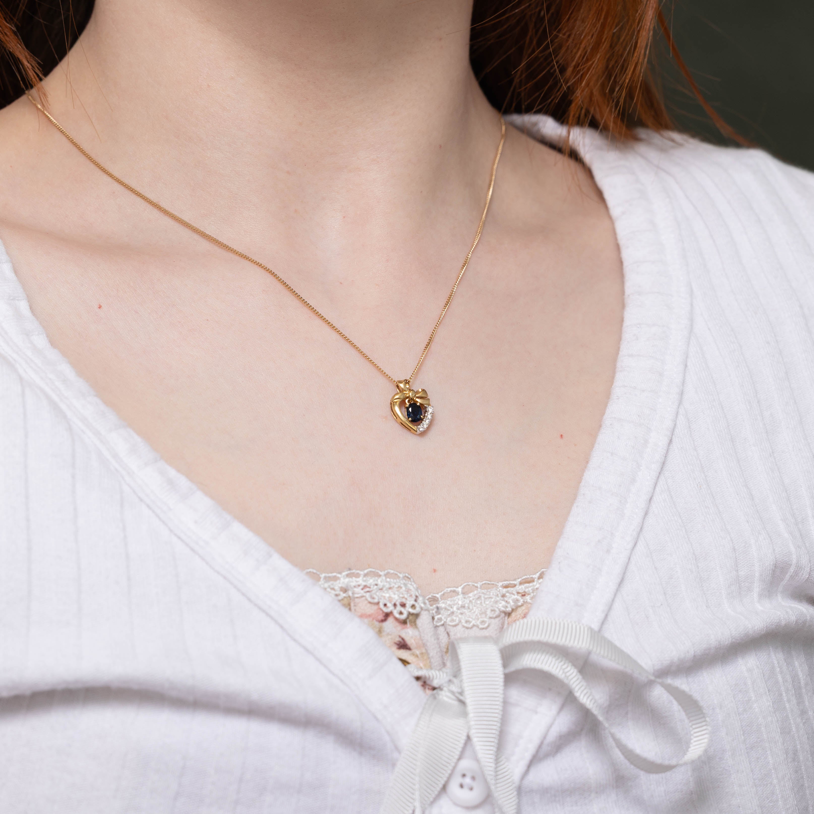 18k Sapphire & Diamond Heart & Bow Pendant