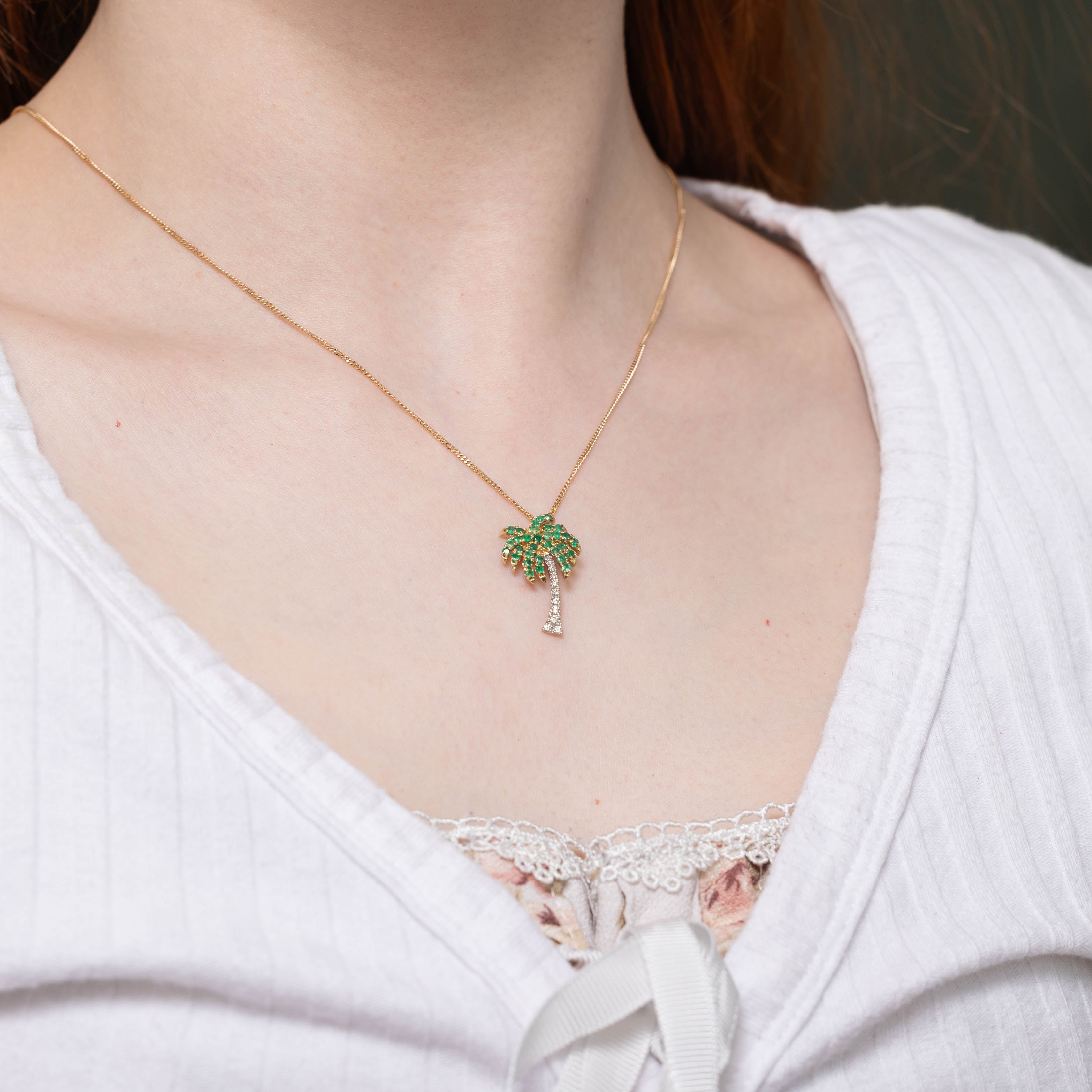 14k Emerald & Diamond Palm Tree Pendant