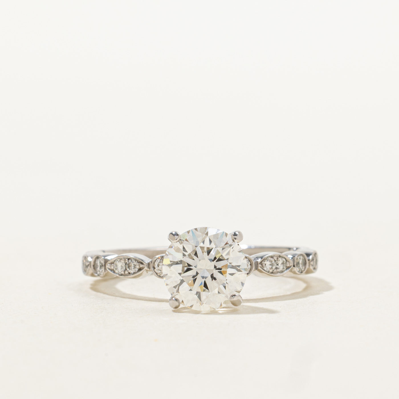 19k Round Brilliant Cut Diamond Marquise Accented Ring | 1.31ct SI1 E Ex, 1.21ctw | SZ 6