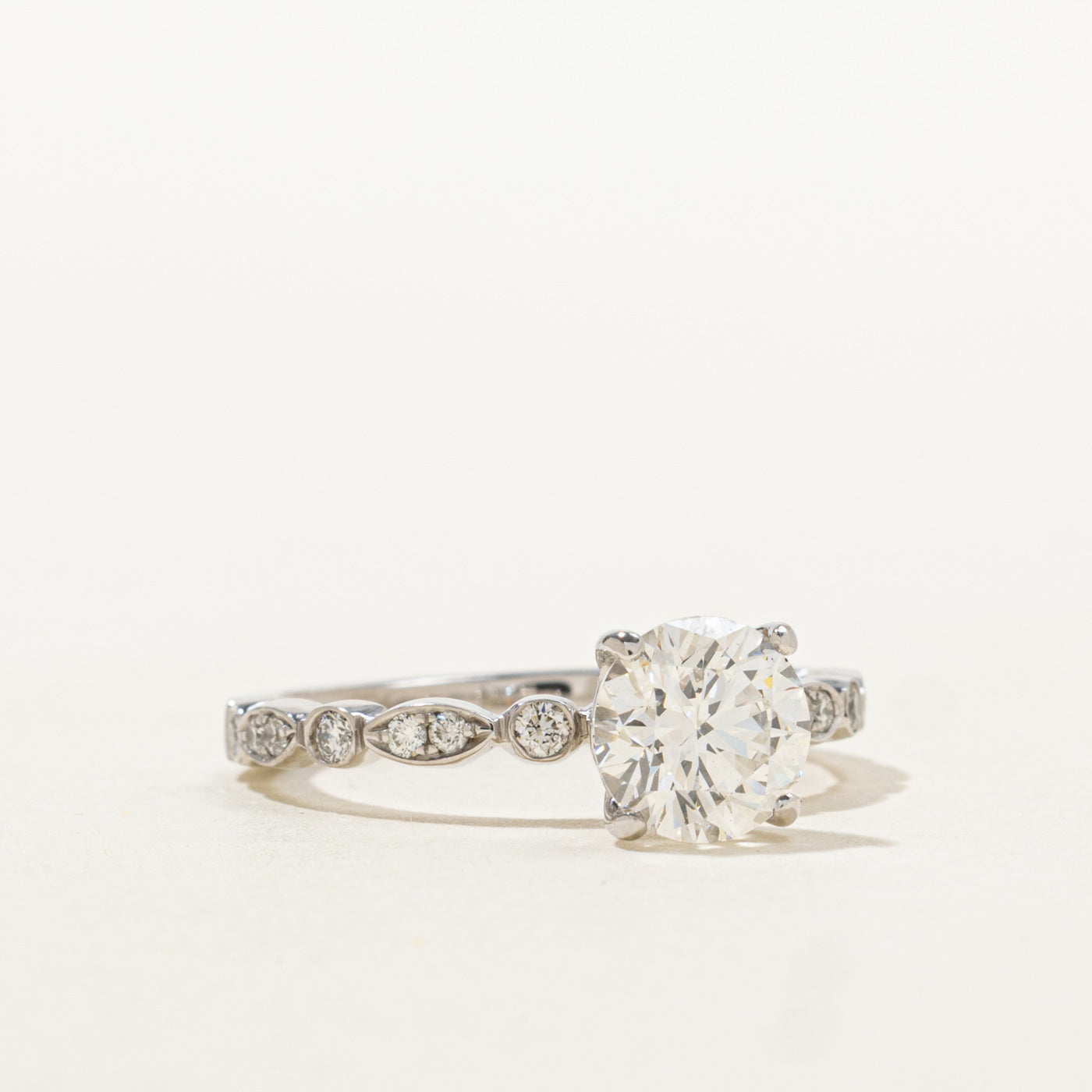 19k Round Brilliant Cut Diamond Marquise Accented Ring | 1.31ct SI1 E Ex, 1.21ctw | SZ 6