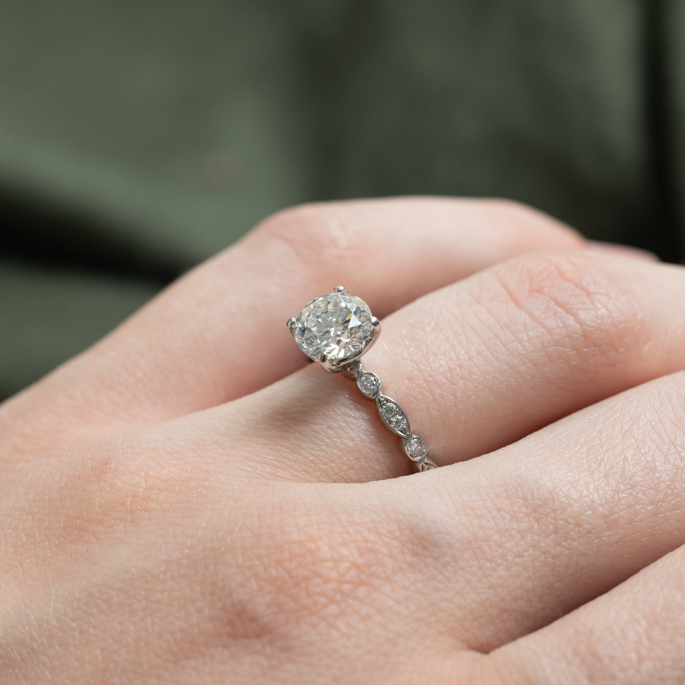 19k Round Brilliant Cut Diamond Marquise Accented Ring | 1.31ct SI1 E Ex, 1.21ctw | SZ 6