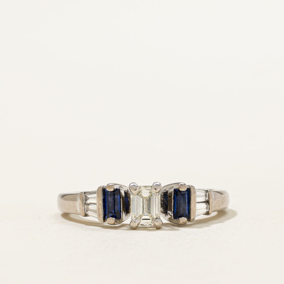 GIA Emerald Cut Diamond & Sapphire Accented Ring | GIA 0.31ct VS1 J VG