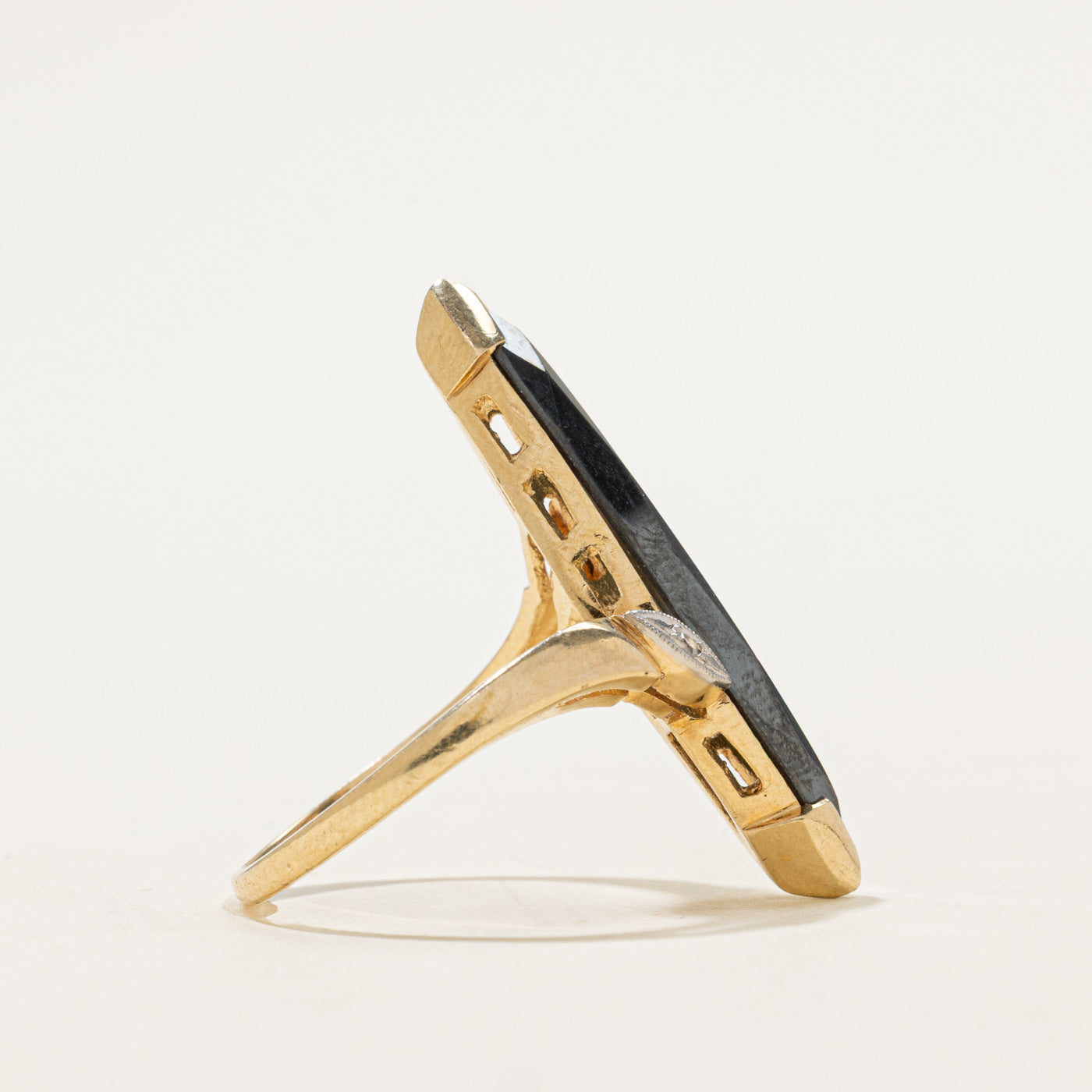10k Hematite & Diamond Accented Bypass Navette Ring | 4.00ct, 0.02ctw