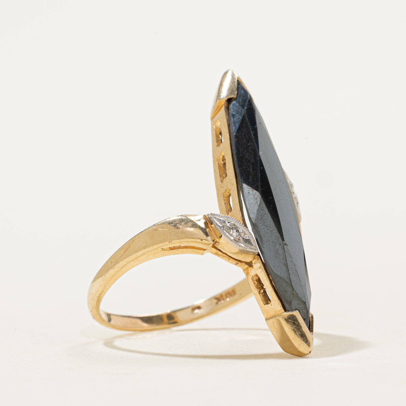 10k Hematite & Diamond Accented Bypass Navette Ring | 4.00ct, 0.02ctw