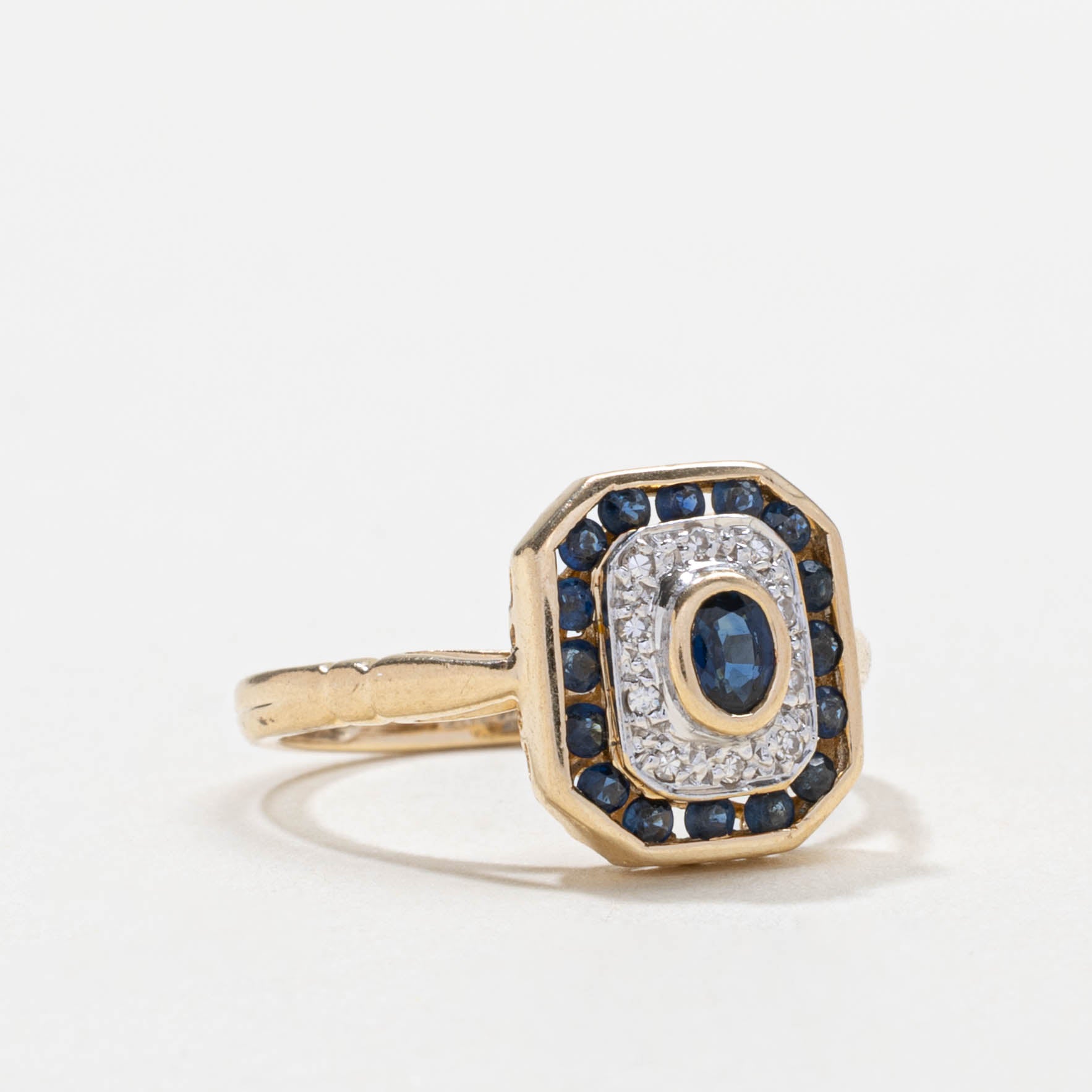14k Sapphire & Diamond Double Halo Geometric Ring | SZ 7