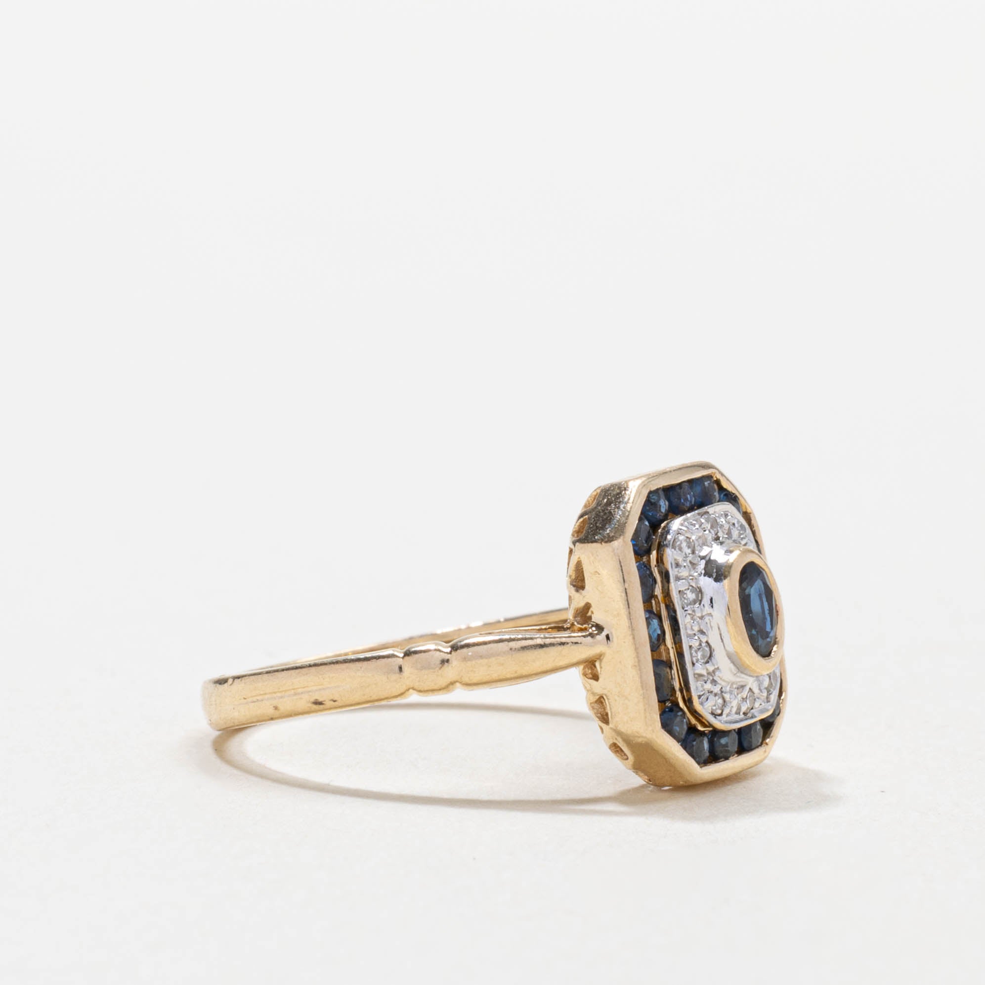 14k Sapphire & Diamond Double Halo Geometric Ring | SZ 7
