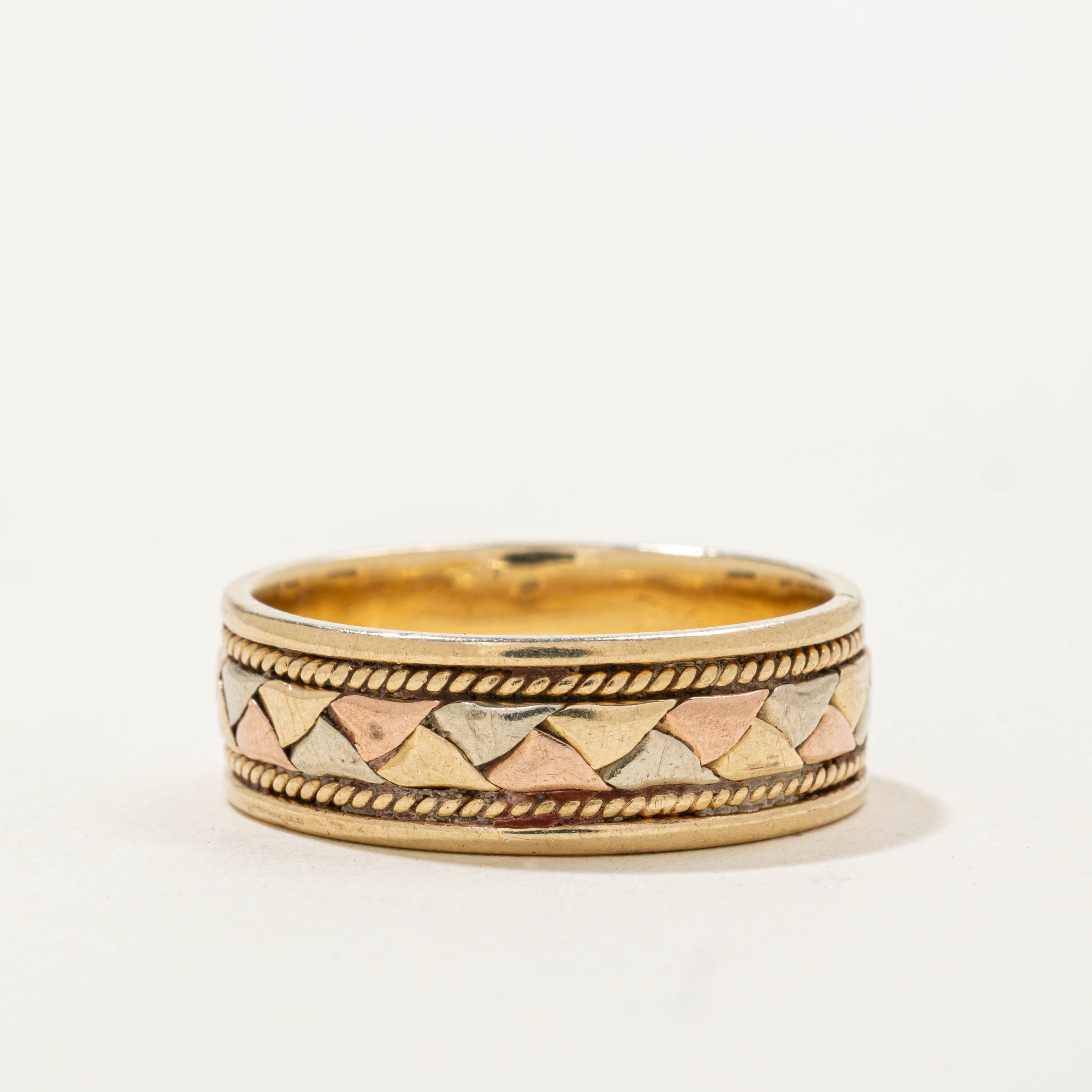 14k Tri Tone Rope Engraved Band | 7.50mm | SZ 10.5