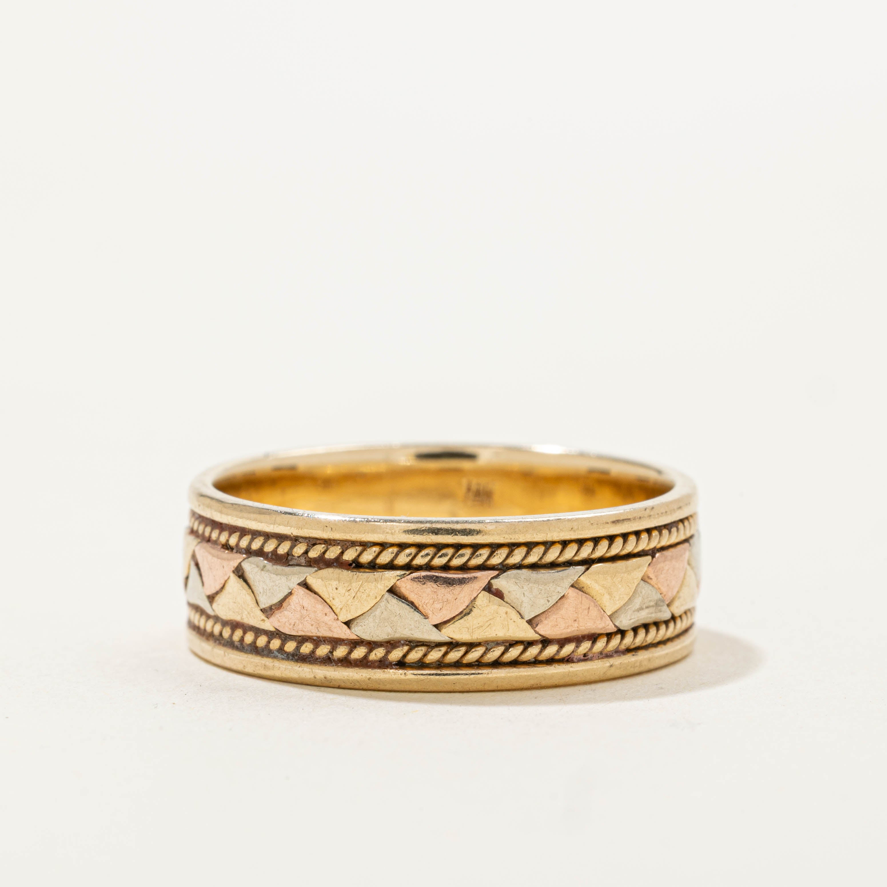 14k Tri Tone Rope Engraved Band | 7.50mm | SZ 10.5