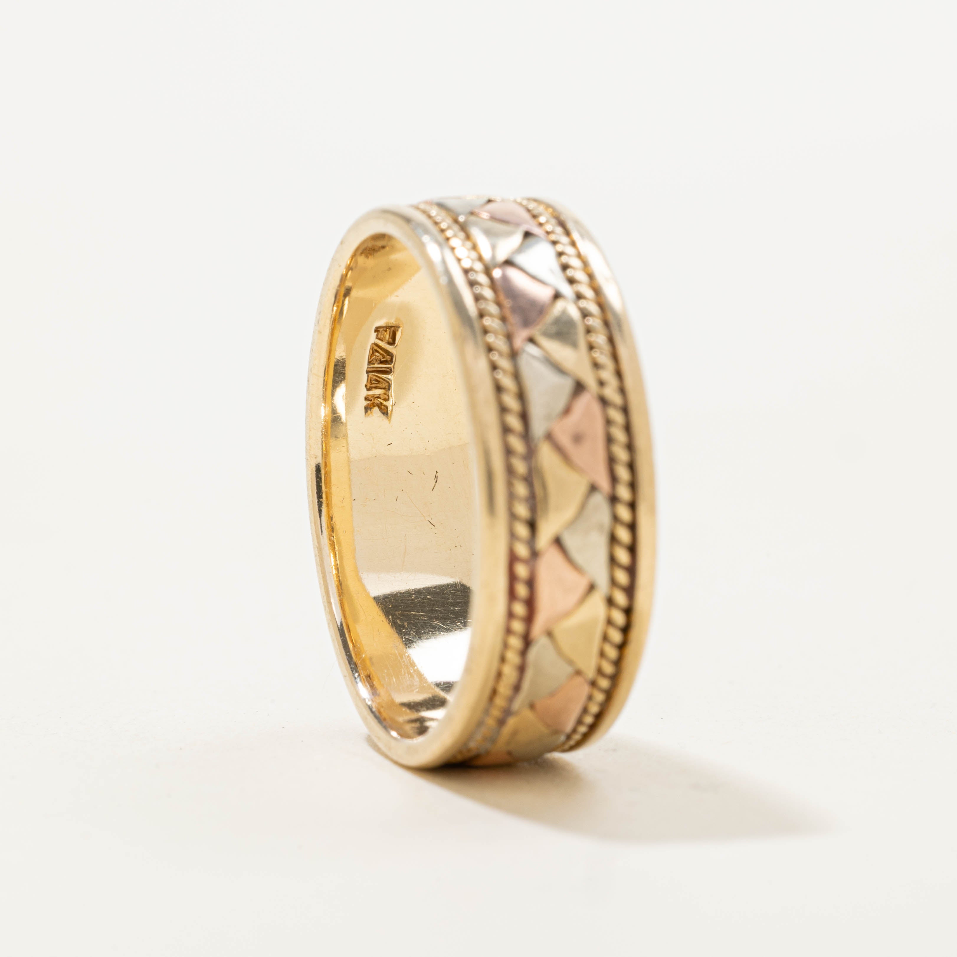 14k Tri Tone Rope Engraved Band | 7.50mm | SZ 10.5