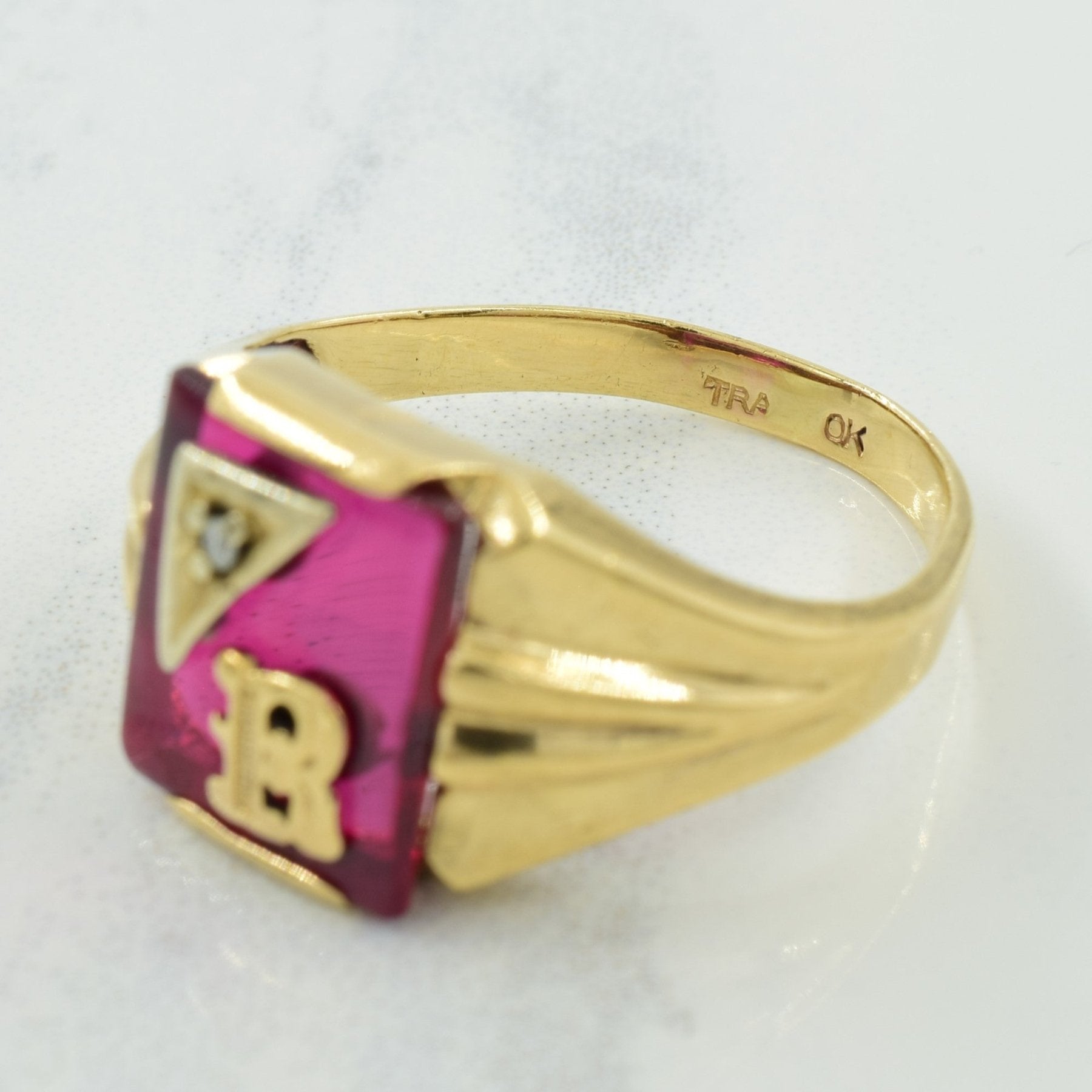 'R' Initialed Synthetic Ruby & Diamond Ring | 6.00ct, 0.01ct | SZ 9.25 | - 100 Ways