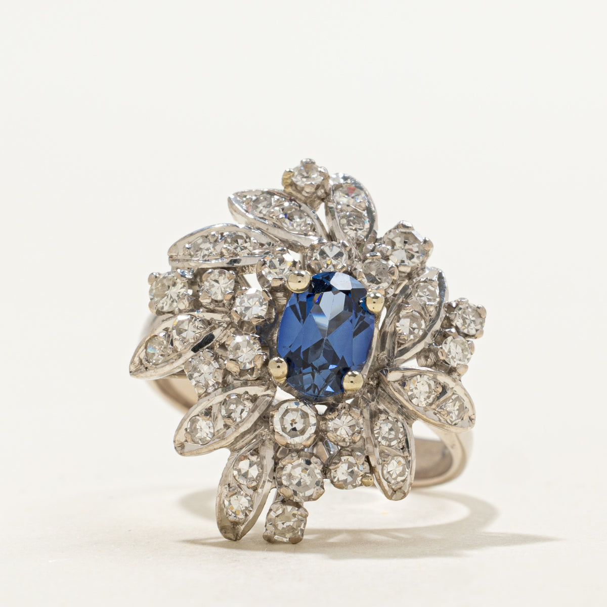 Palladium Silver Synthetic Sapphire & Diamond Cluster Cocktail Ring