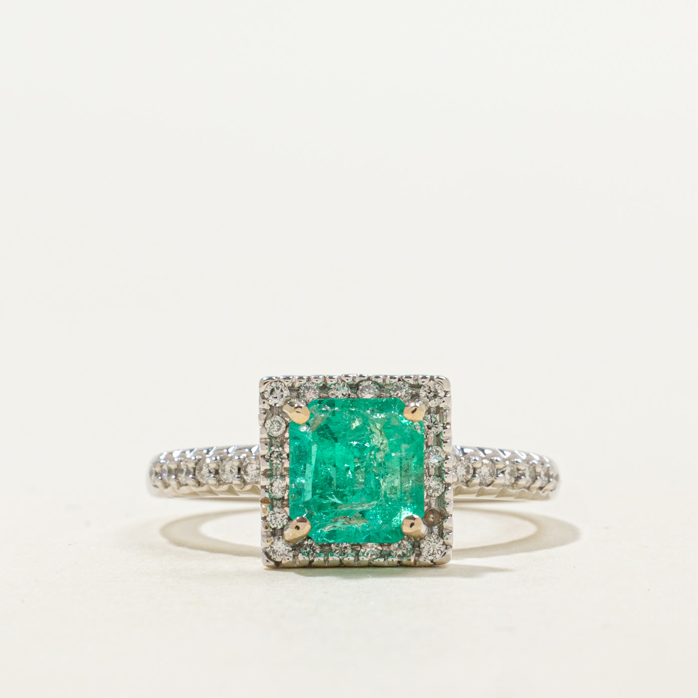 Emerald Cut Emerald & Diamond Halo Ring | 1.43ct, 0.22ctw | SZ 7.0