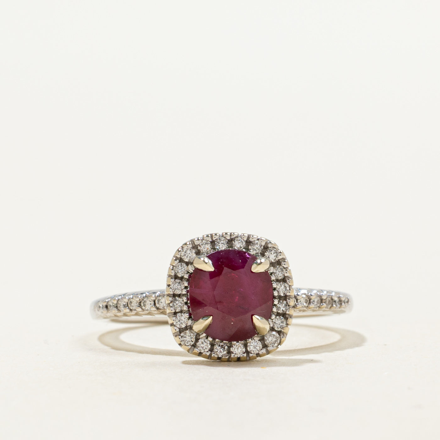 Cushion Cut Ruby & Diamond Halo Ring | 1.68ct, 0.23ctw | SZ 7.0