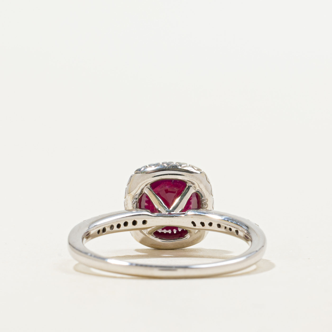 Cushion Cut Ruby & Diamond Halo Ring | 1.68ct, 0.23ctw | SZ 7.0