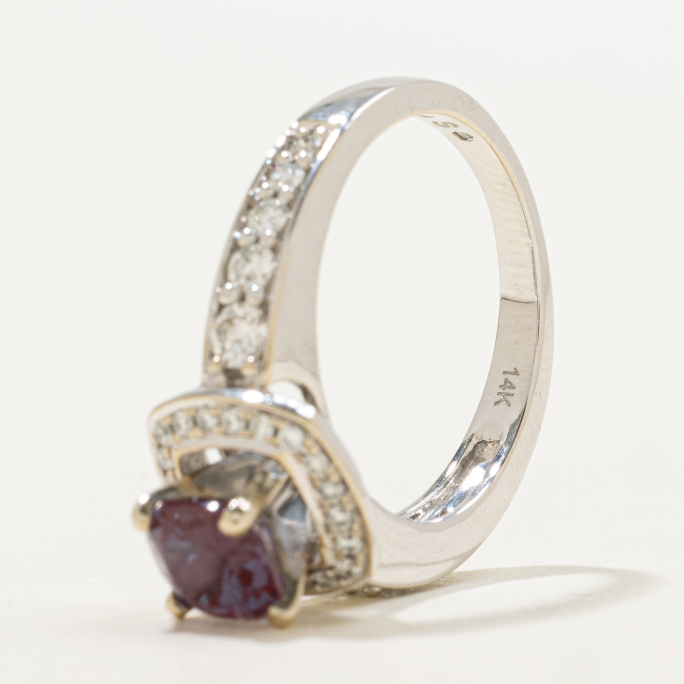 14K Cushion Cut Synthetic Alexandrite & Natural Diamond Halo Ring | 1.25ct, 0.50ctw | SZ 7.0