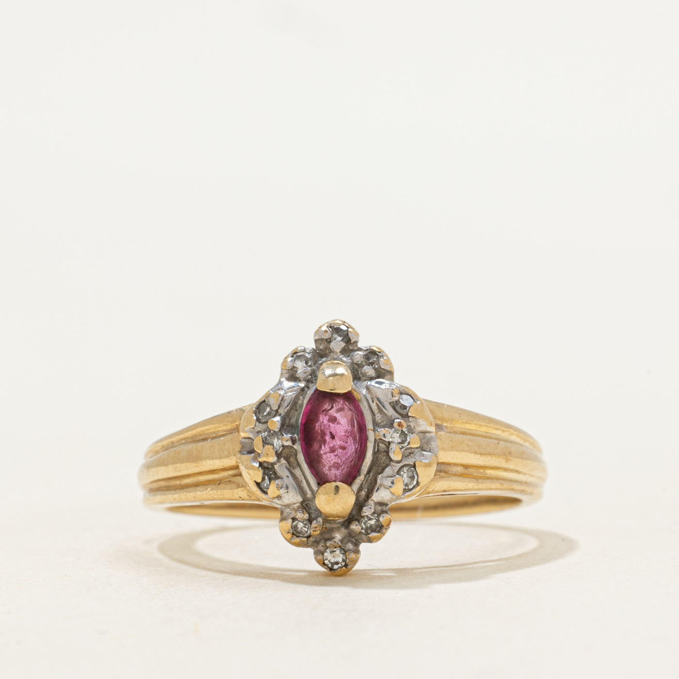 Marquise Cut Ruby & Diamond Halo Grooved Ring | 0.30ct, 0.06ctw | SZ 6.5 |