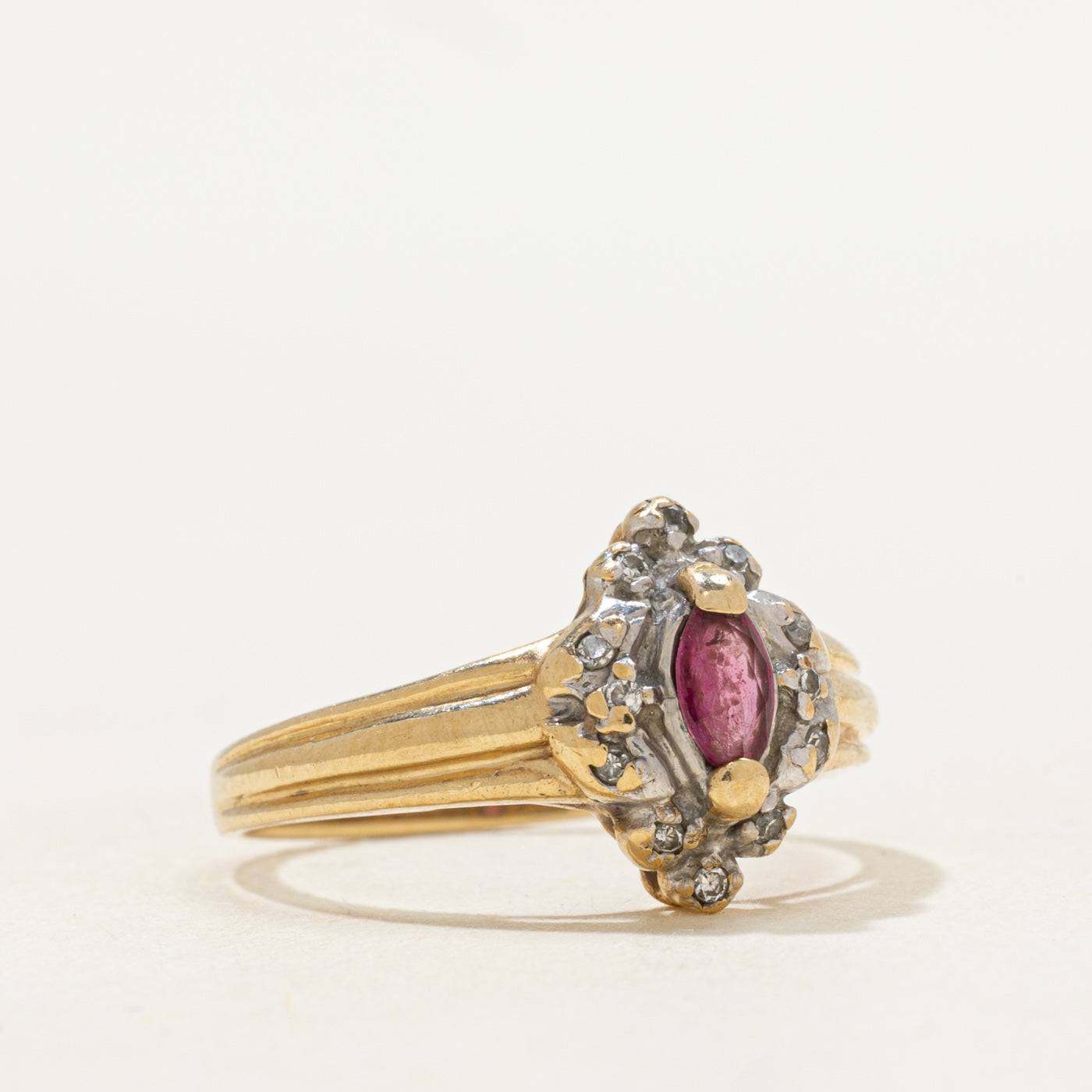 Marquise Cut Ruby & Diamond Halo Grooved Ring | 0.30ct, 0.06ctw | SZ 6.5 |