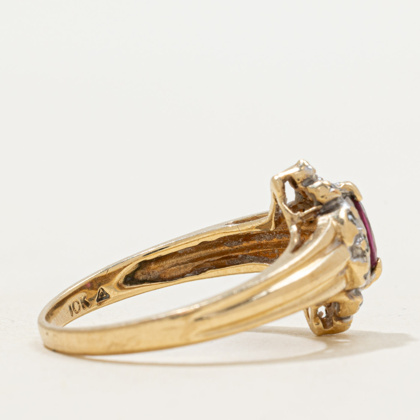 Marquise Cut Ruby & Diamond Halo Grooved Ring | 0.30ct, 0.06ctw | SZ 6.5 |